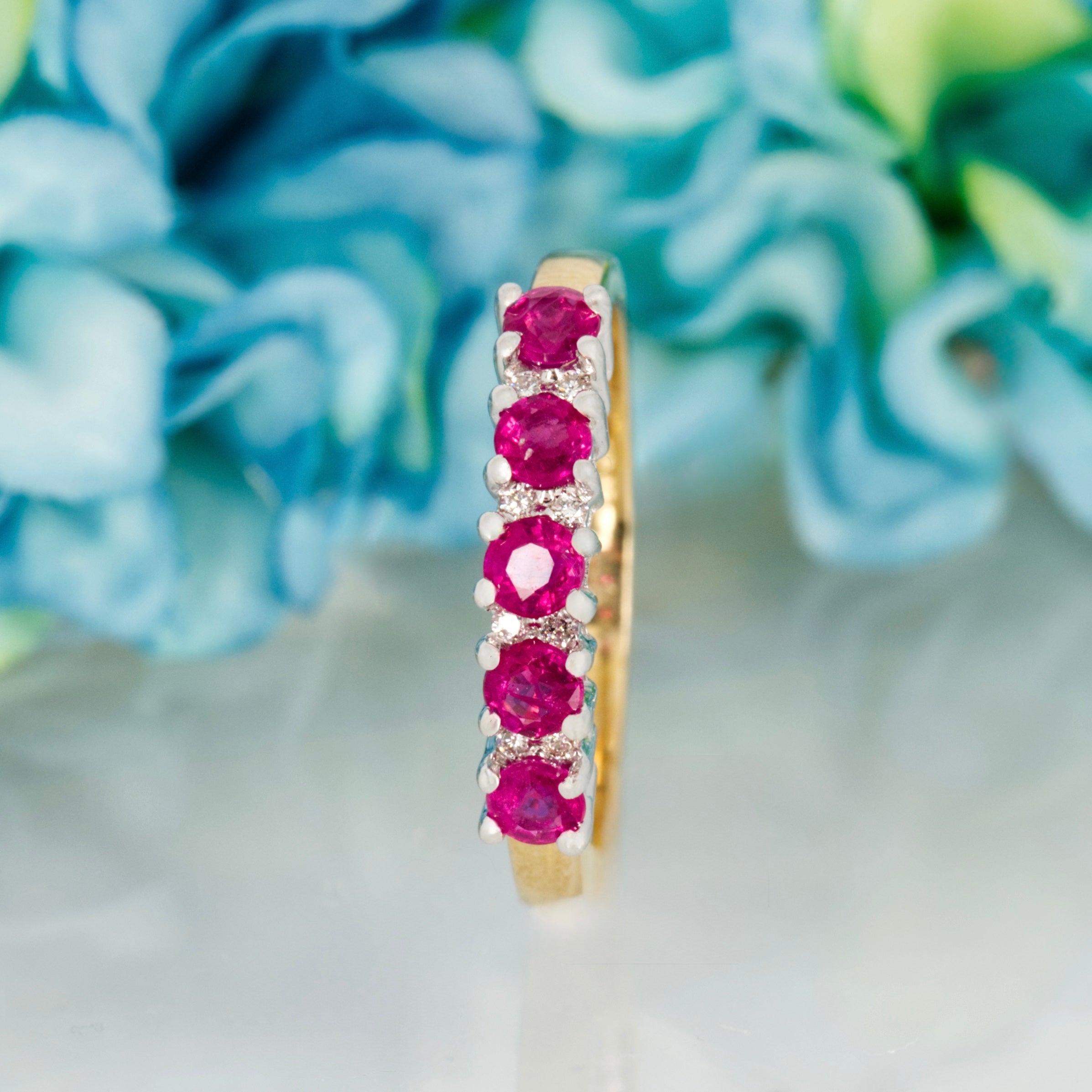 9ct Yellow Gold Round Cut Ruby & Round Brilliant Cut Diamond Half Eternity Ring