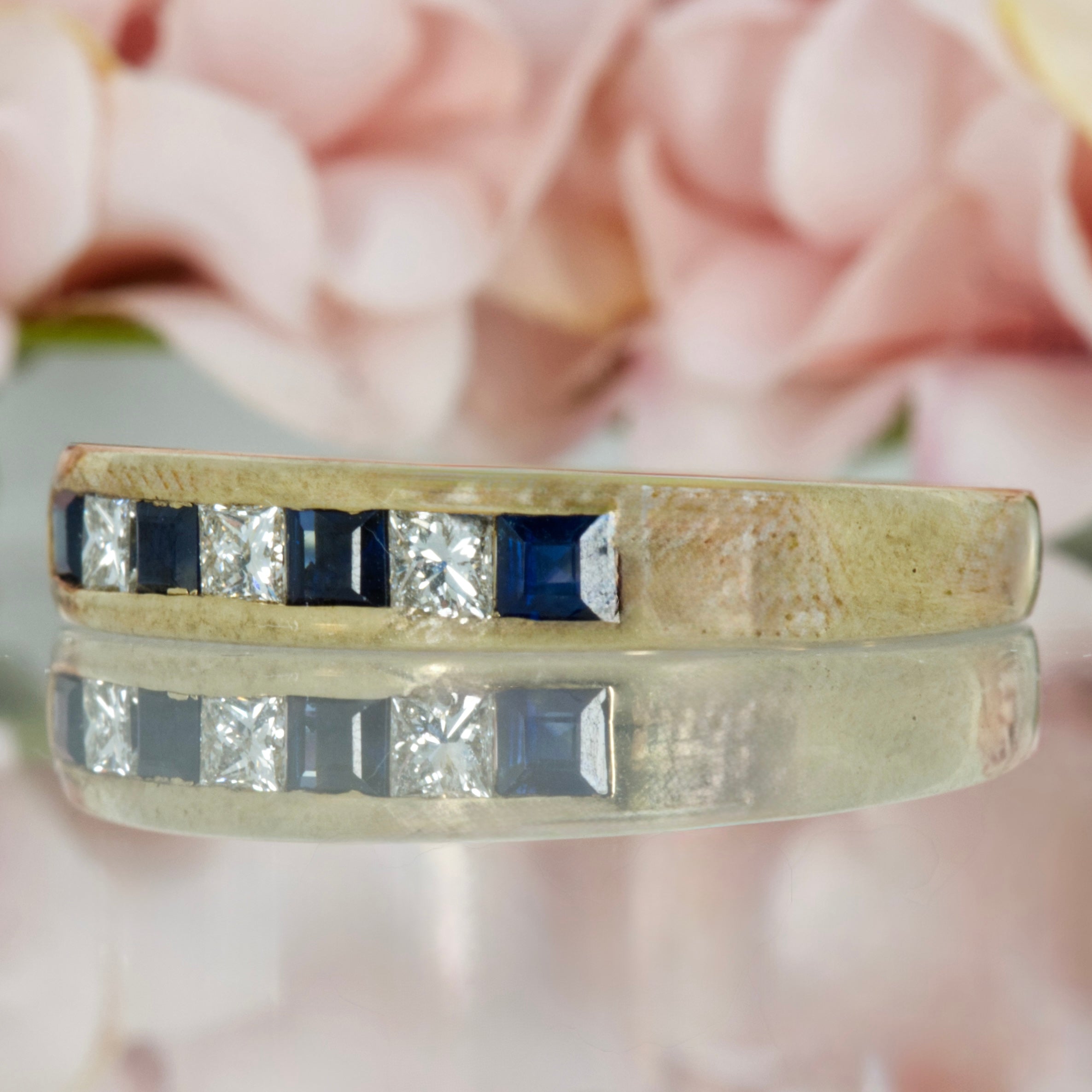 9ct Yellow Gold Princess Cut Sapphire & Diamond Channel Set Half Eternity Ring