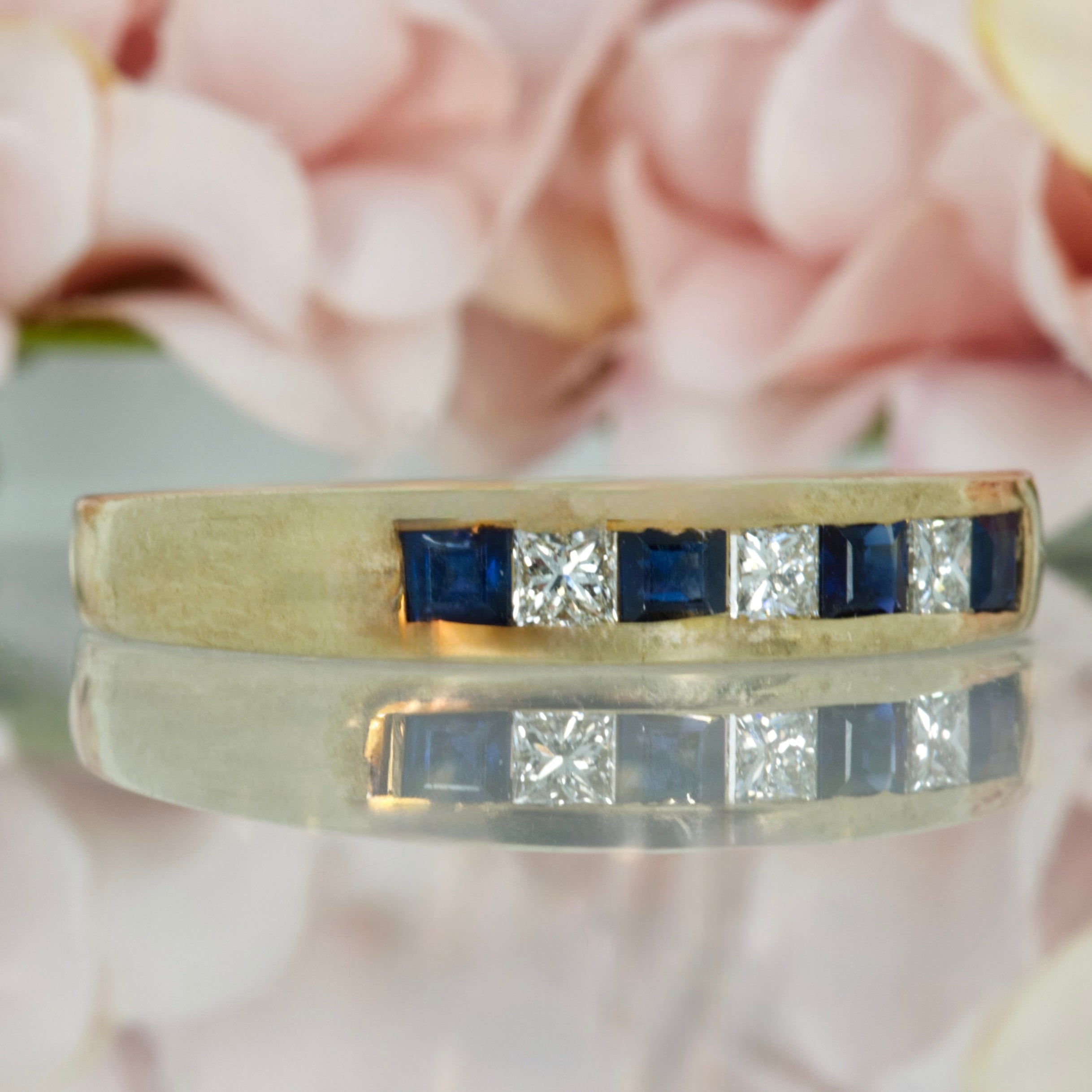 9ct Yellow Gold Princess Cut Sapphire & Diamond Channel Set Half Eternity Ring