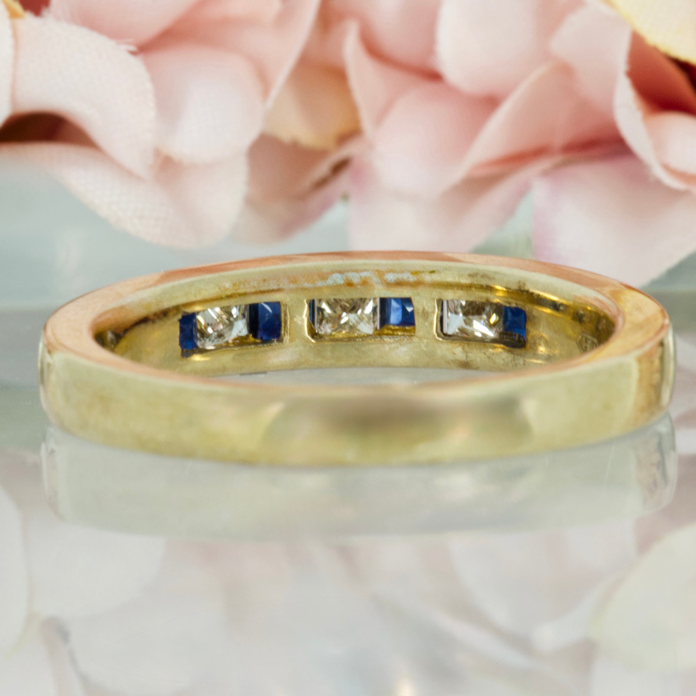 9ct Yellow Gold Princess Cut Sapphire & Diamond Channel Set Half Eternity Ring