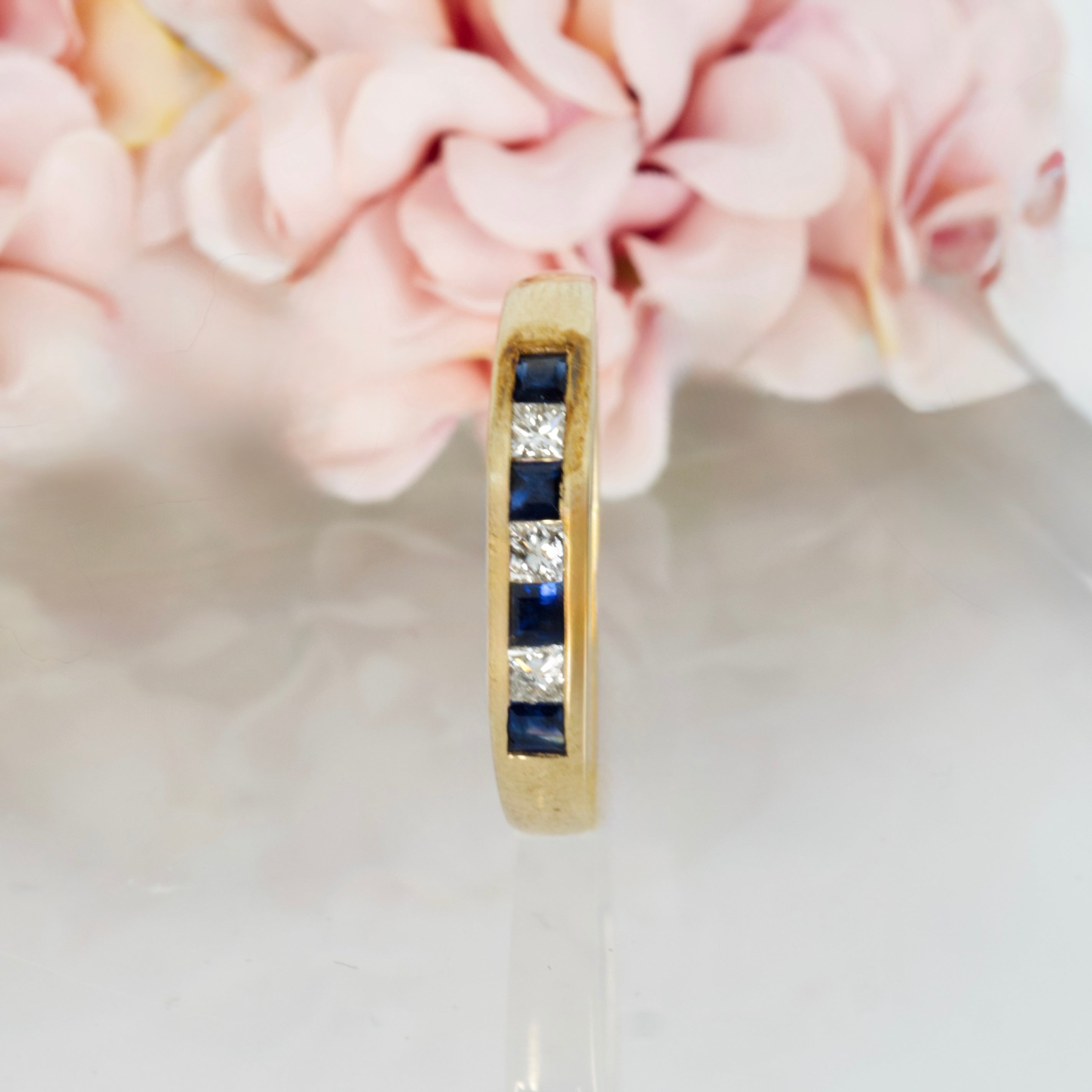 9ct Yellow Gold Princess Cut Sapphire & Diamond Channel Set Half Eternity Ring