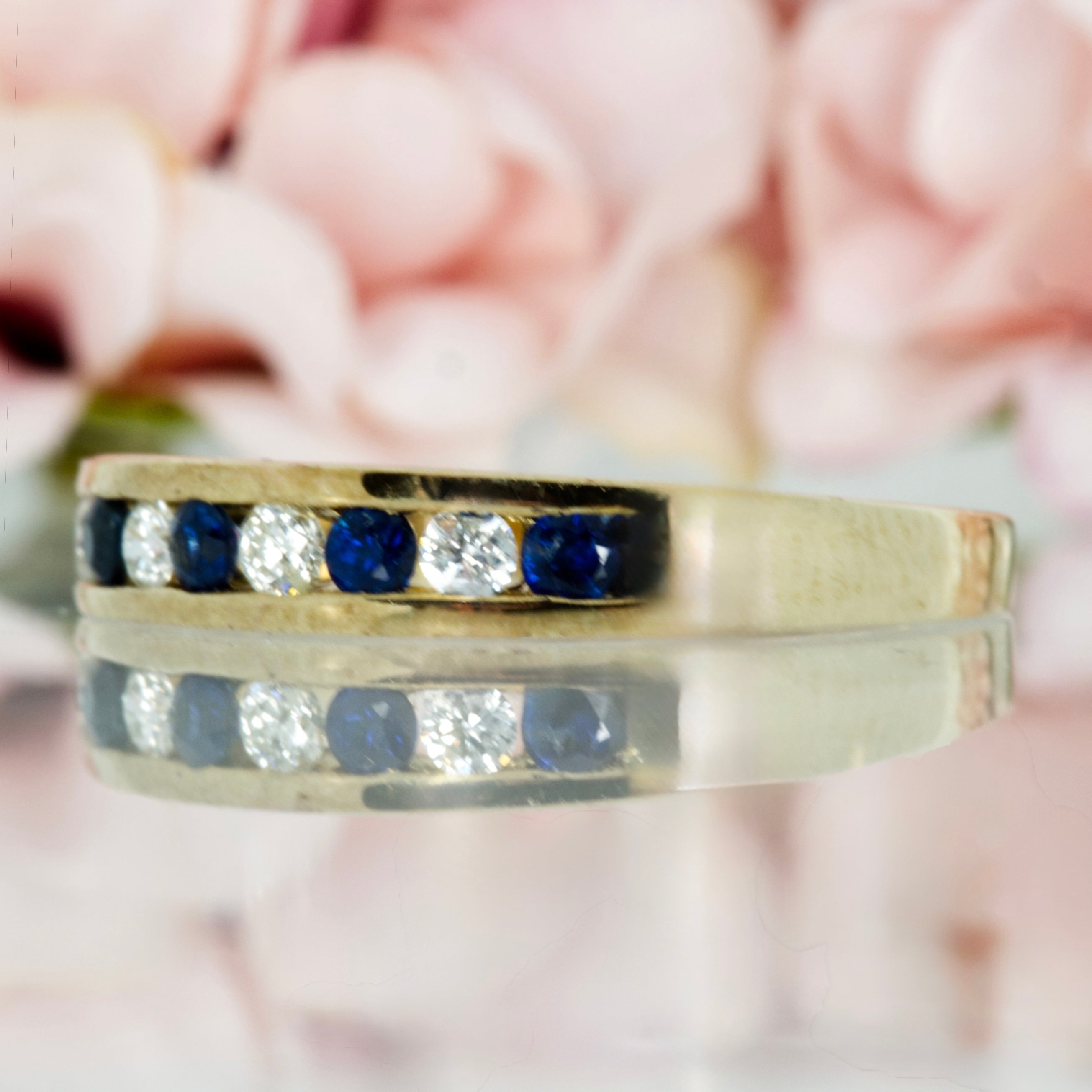 9ct Yellow Gold Round Cut Sapphire & Round Brilliant Cut Diamond Channel Set Half Eternity Ring