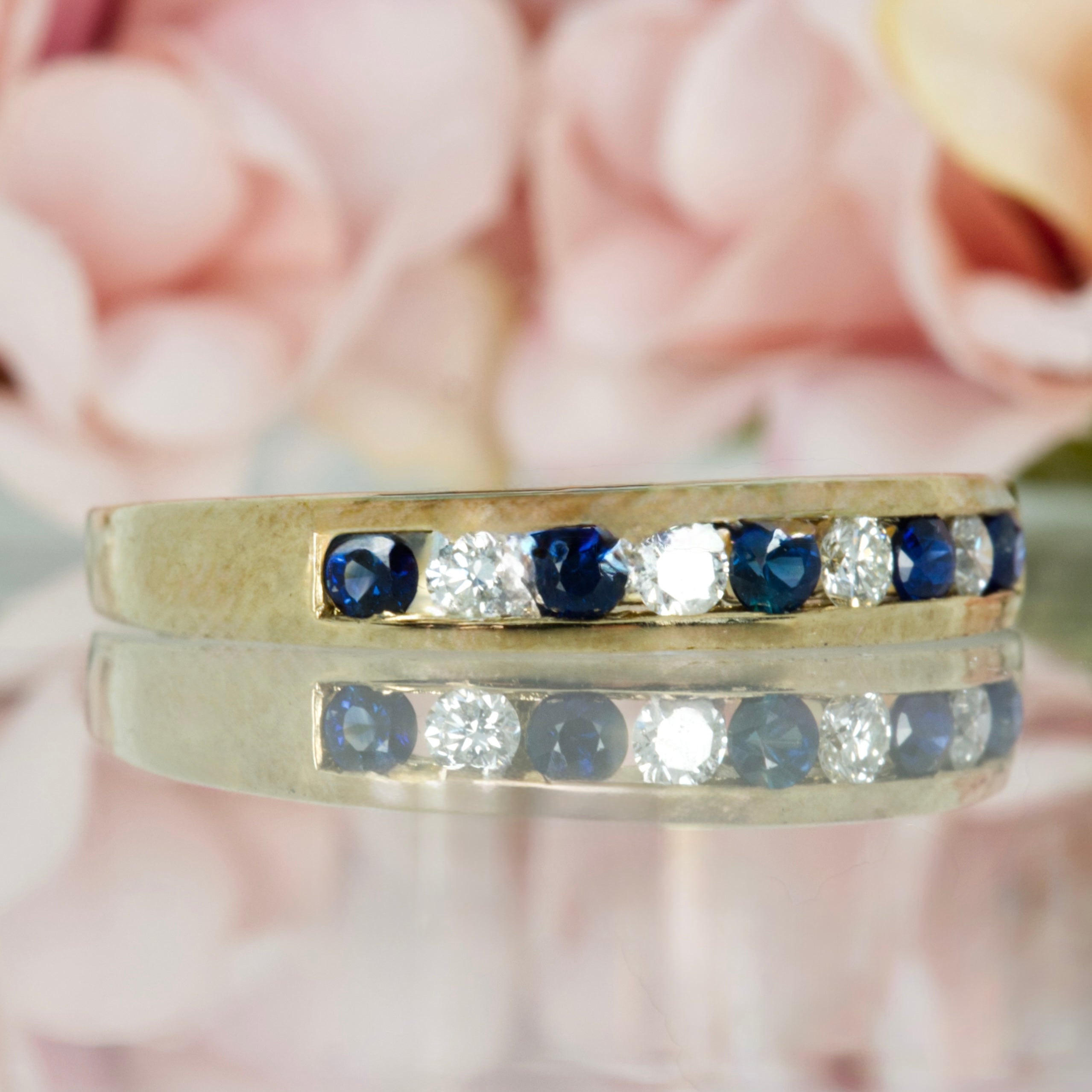 9ct Yellow Gold Round Cut Sapphire & Round Brilliant Cut Diamond Channel Set Half Eternity Ring