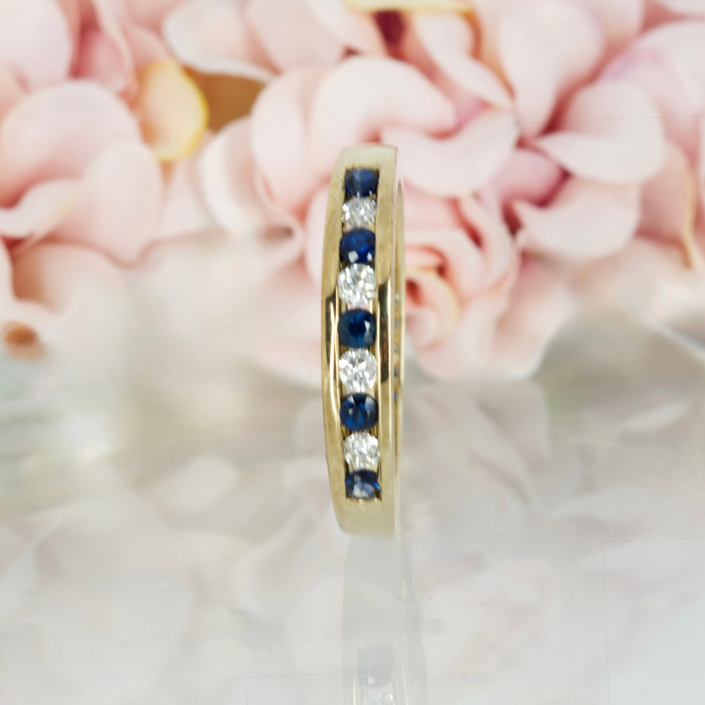 9ct Yellow Gold Round Cut Sapphire & Round Brilliant Cut Diamond Channel Set Half Eternity Ring
