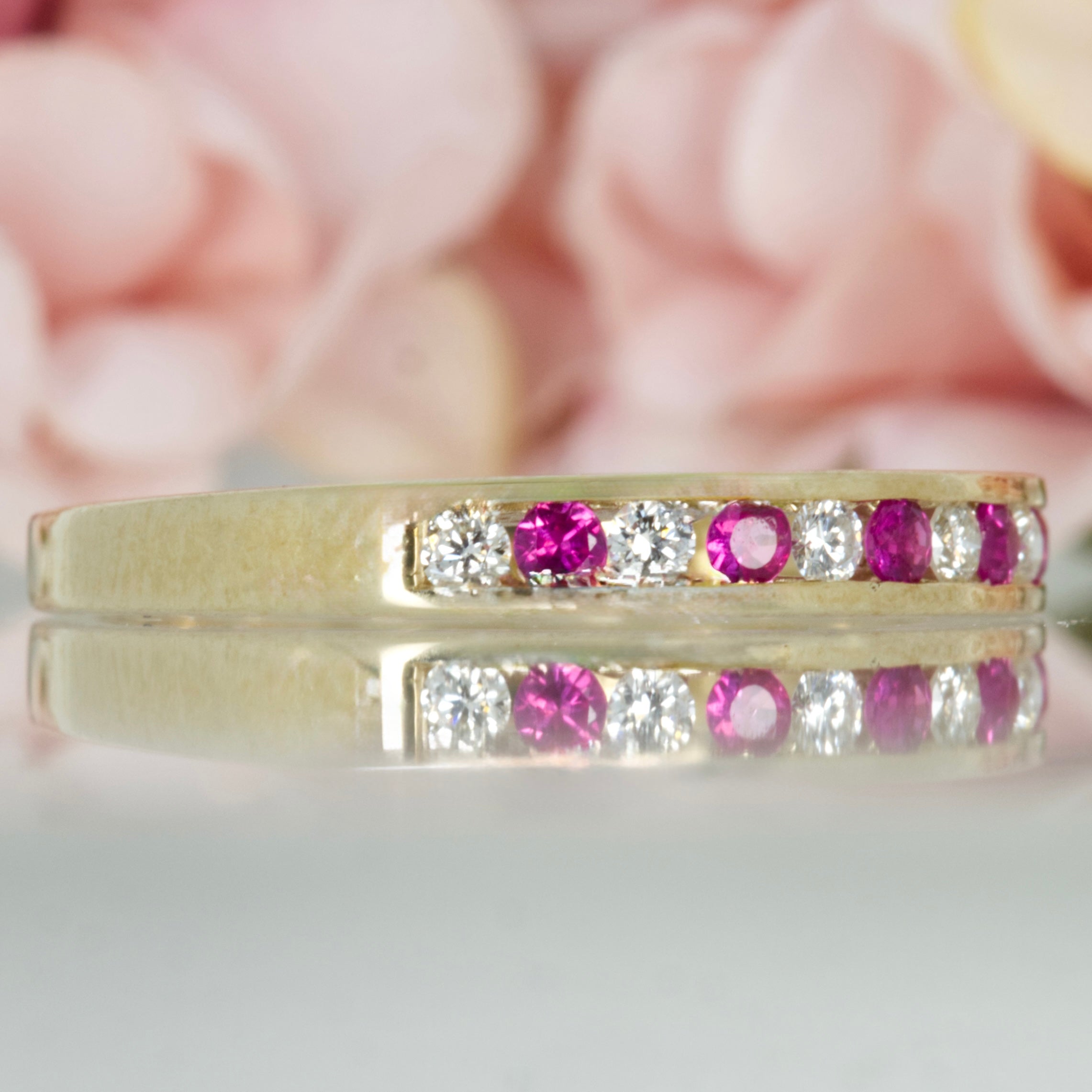 9ct Yellow Gold Round Cut Ruby & Round Brilliant Cut Diamond Channel Set Half Eternity Ring