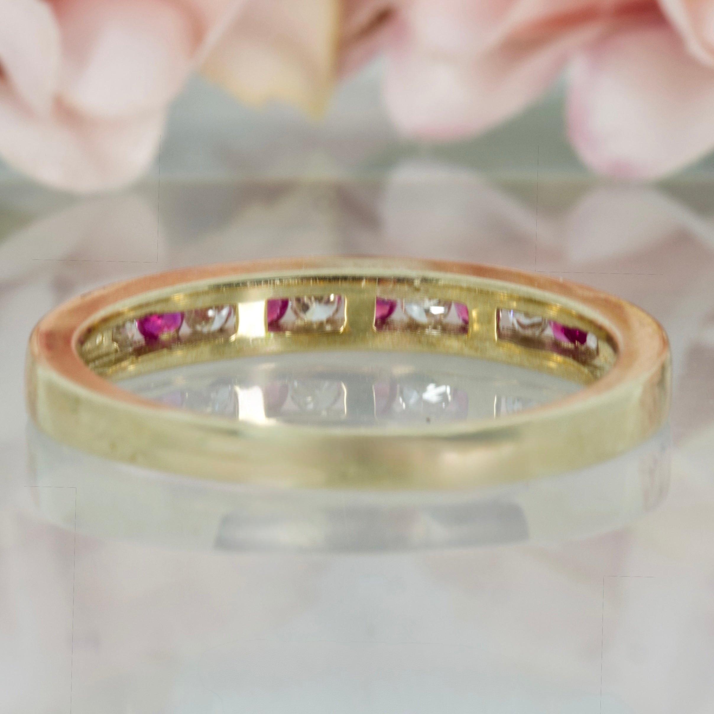 9ct Yellow Gold Round Cut Ruby & Round Brilliant Cut Diamond Channel Set Half Eternity Ring