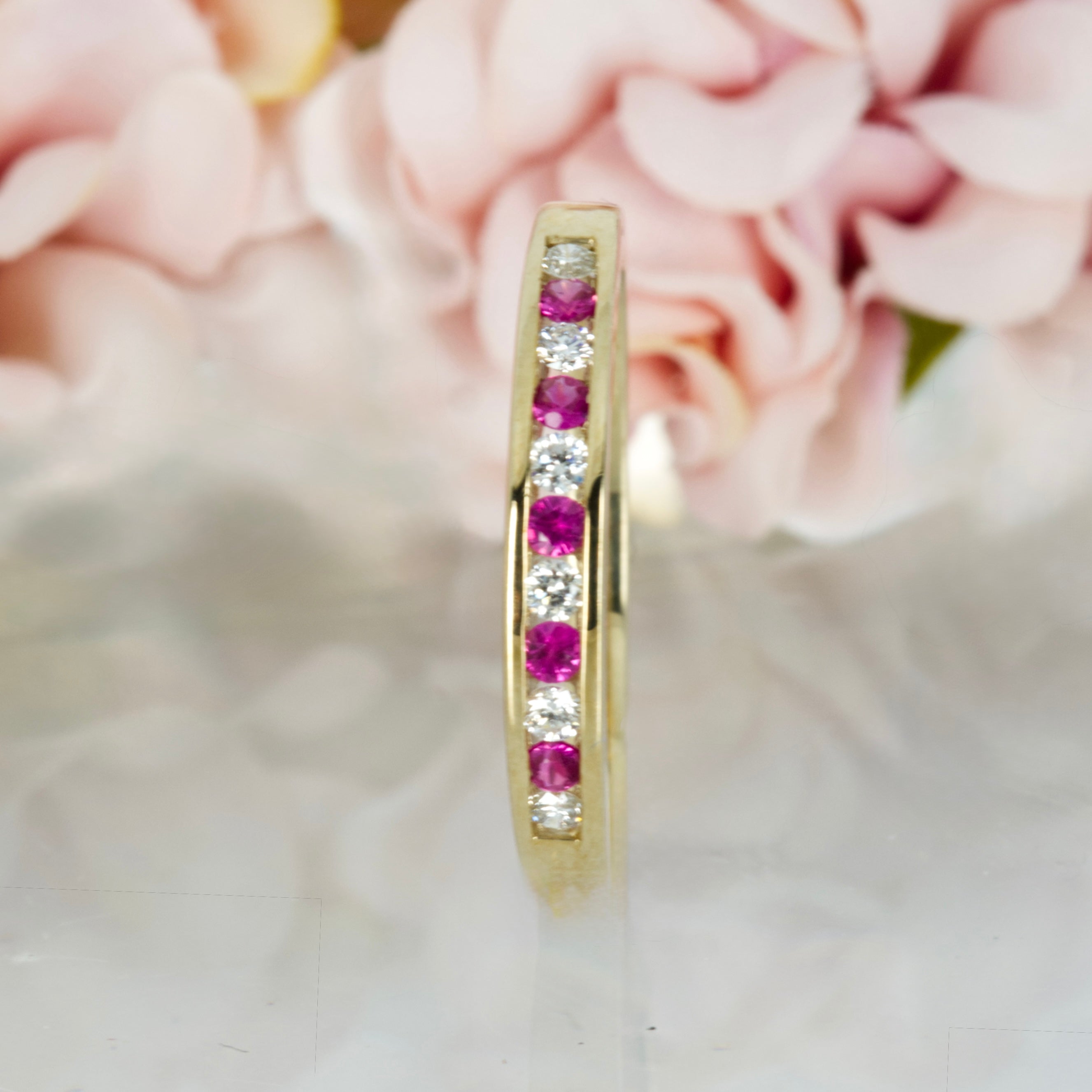 9ct Yellow Gold Round Cut Ruby & Round Brilliant Cut Diamond Channel Set Half Eternity Ring