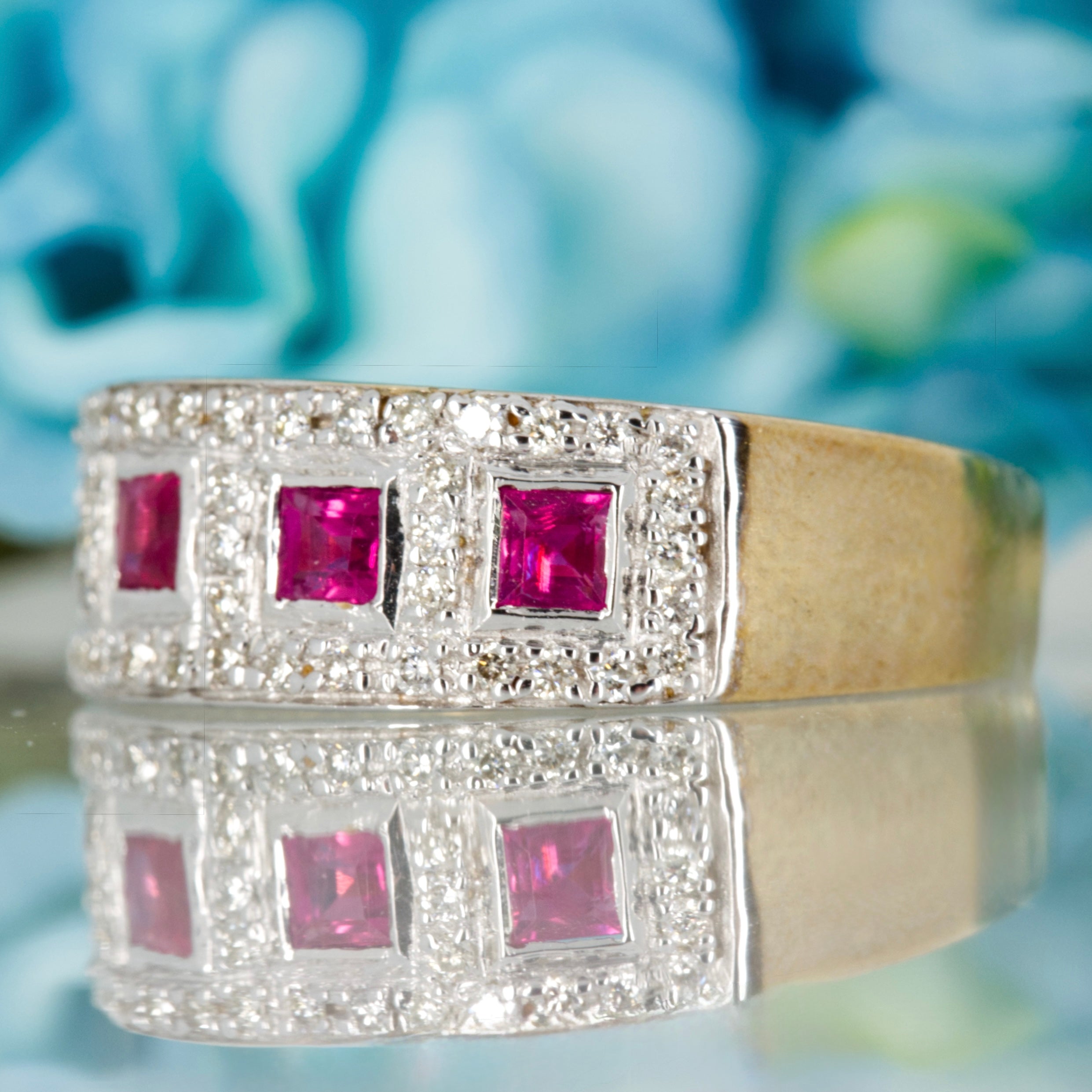 9ct Yellow Gold Princess Cut Ruby & Round Brilliant Cut Diamond Cluster Style Half Eternity Ring
