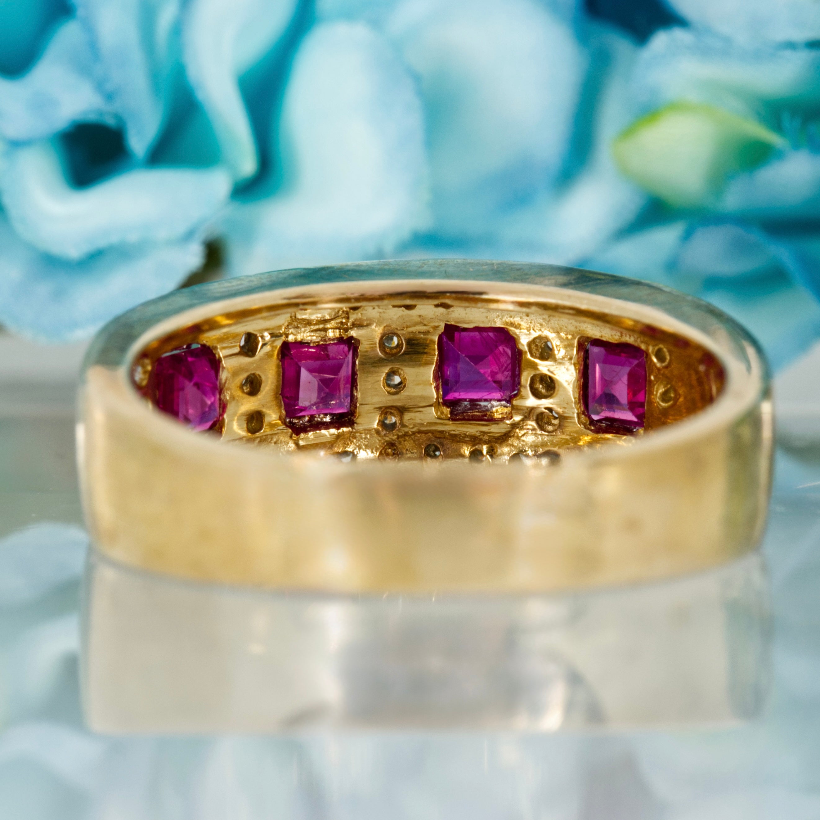 9ct Yellow Gold Princess Cut Ruby & Round Brilliant Cut Diamond Cluster Style Half Eternity Ring
