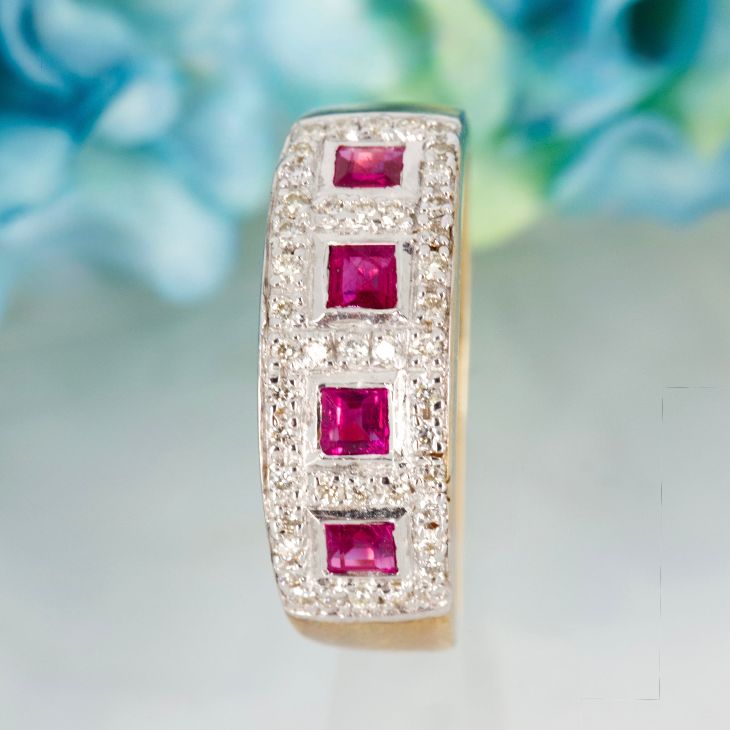 9ct Yellow Gold Princess Cut Ruby & Round Brilliant Cut Diamond Cluster Style Half Eternity Ring