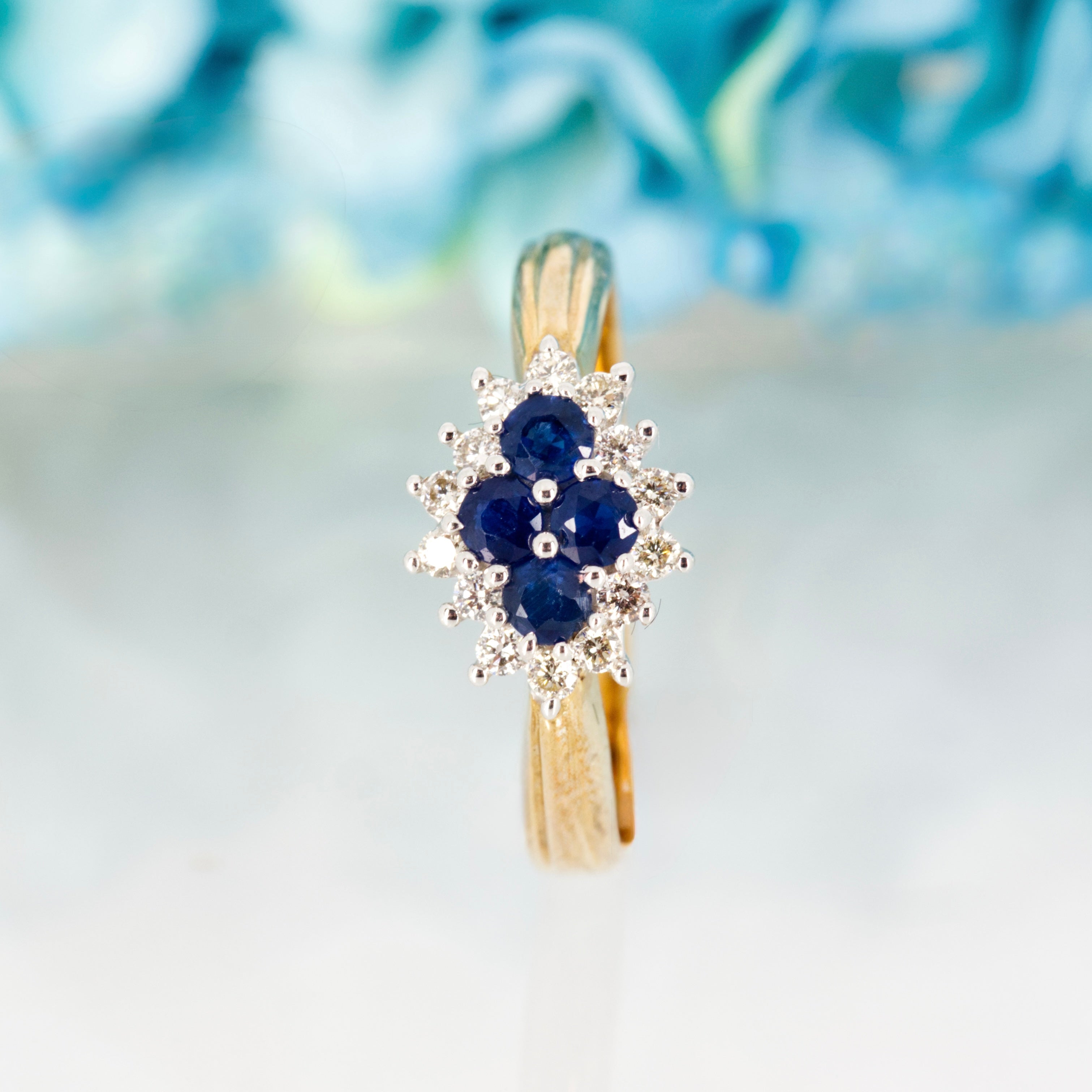 9ct Yellow Gold Round Cut Sapphire & Diamond Cluster Ring