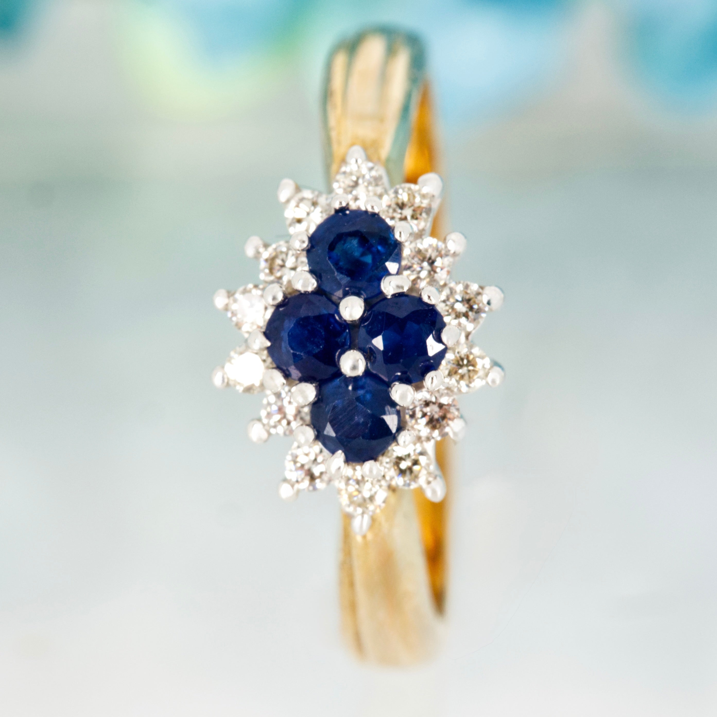 9ct Yellow Gold Round Cut Sapphire & Diamond Cluster Ring
