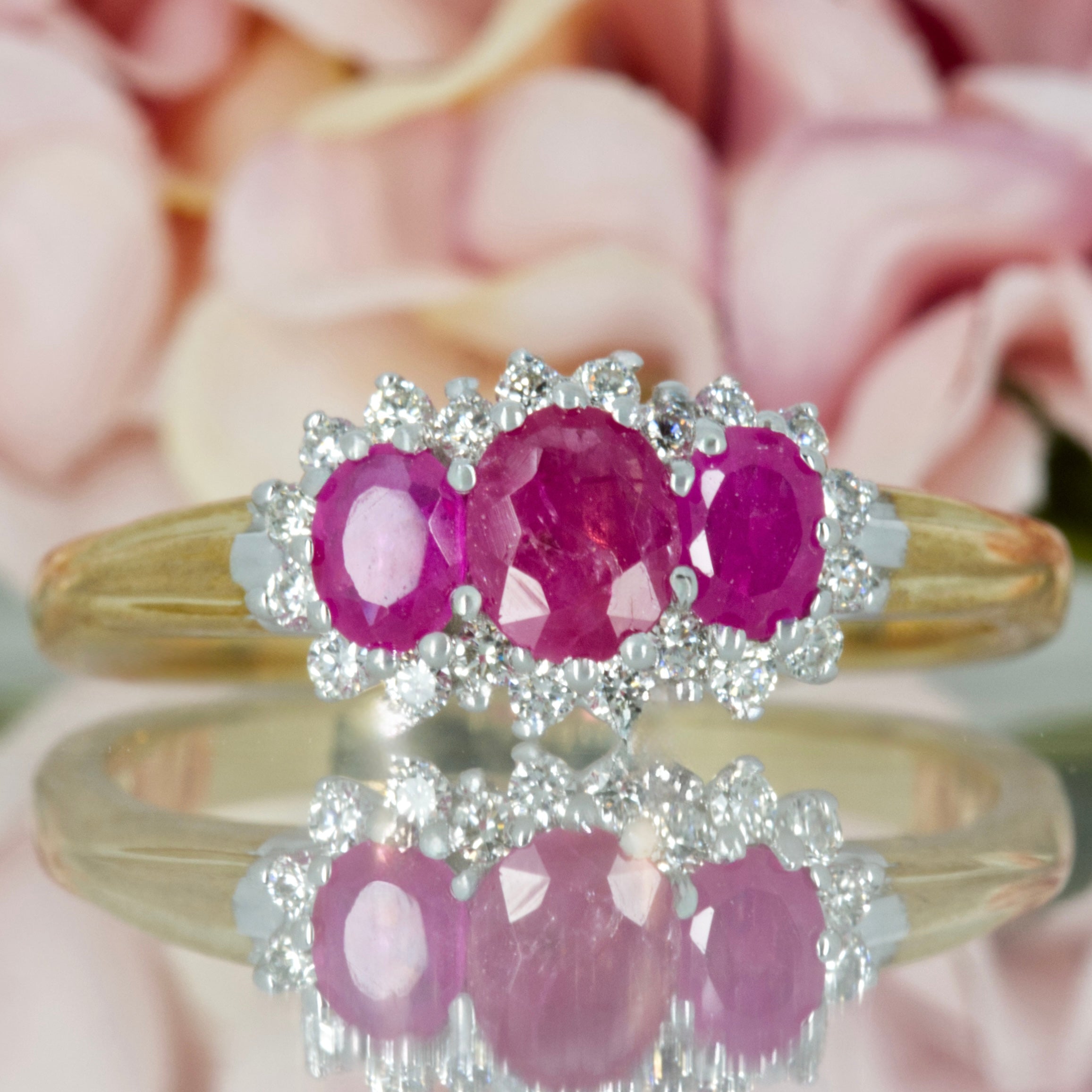 9ct Yellow Gold Oval Cut Ruby & Round Brilliant Cut Diamond Cluster Ring