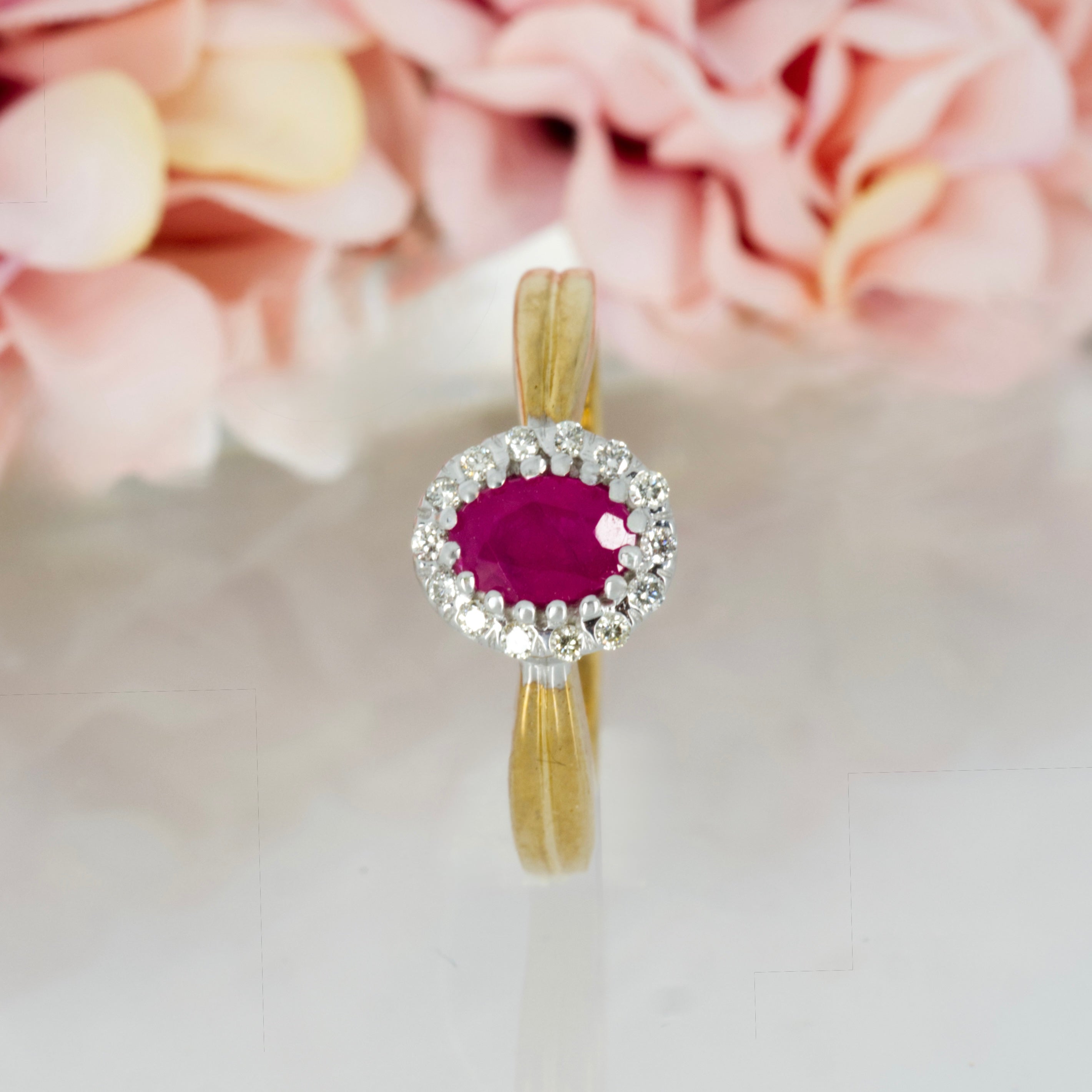 9ct Yellow Gold Oval Cut Ruby & Round Brilliant Cut Diamond Halo Cluster Ring
