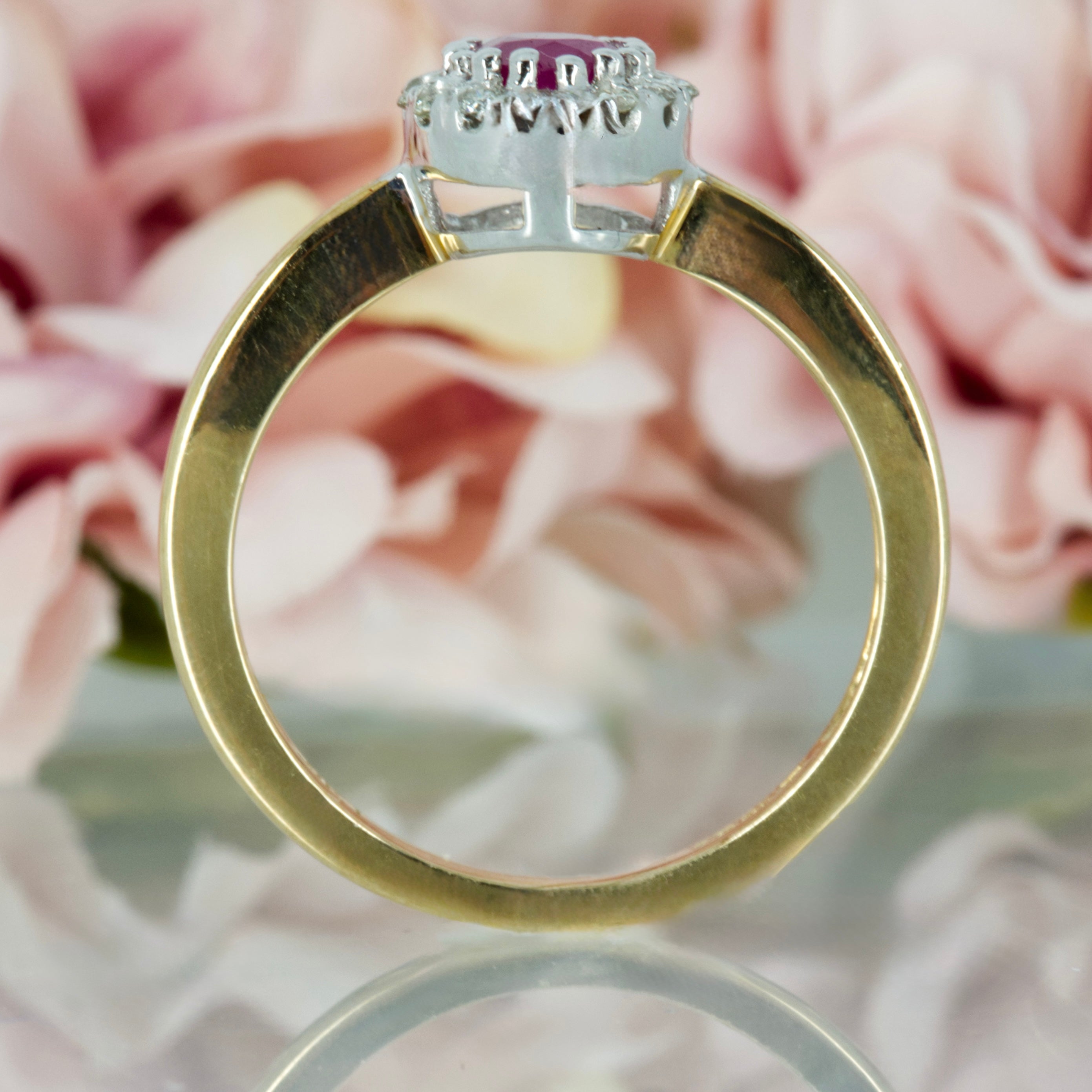 9ct Yellow Gold Oval Cut Ruby & Round Brilliant Cut Diamond Halo Cluster Ring