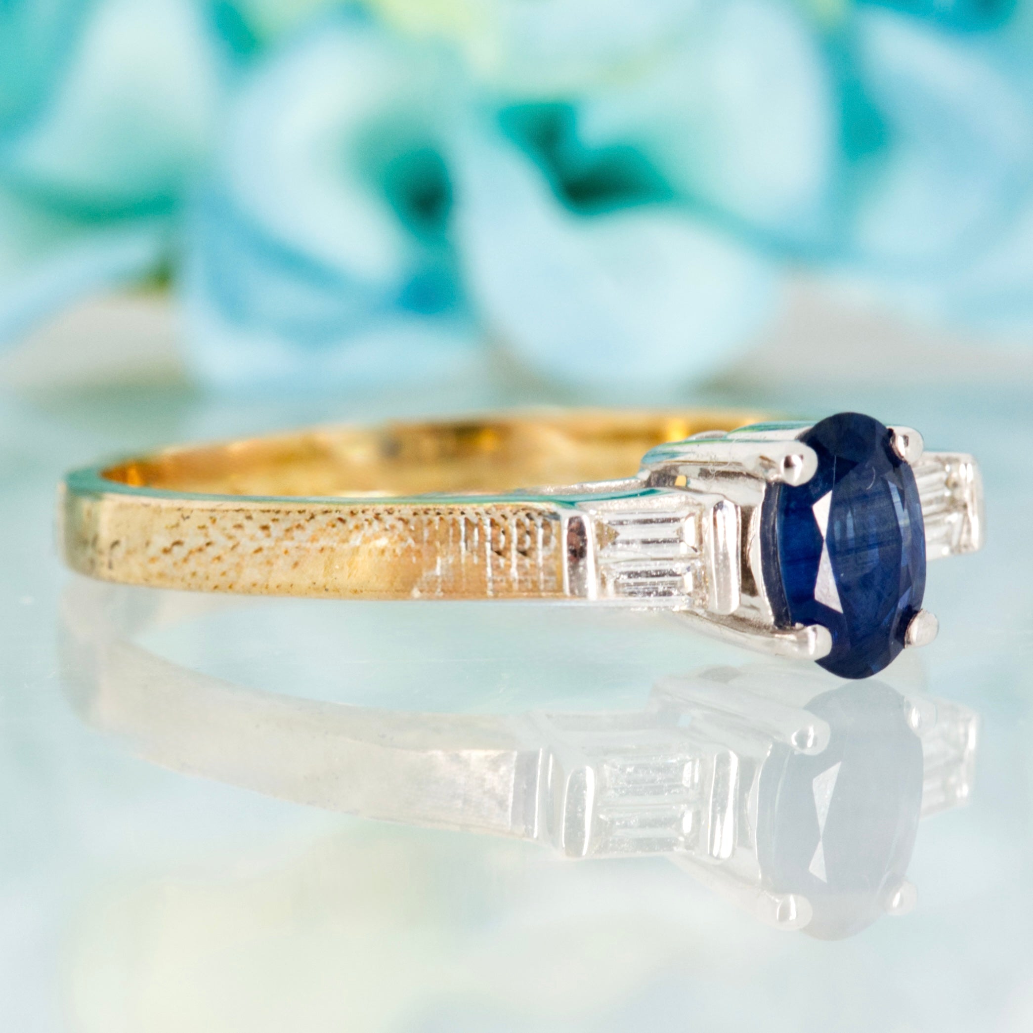 9ct Yellow Gold Oval Cut Sapphire & Baguette Cut Diamond Ring