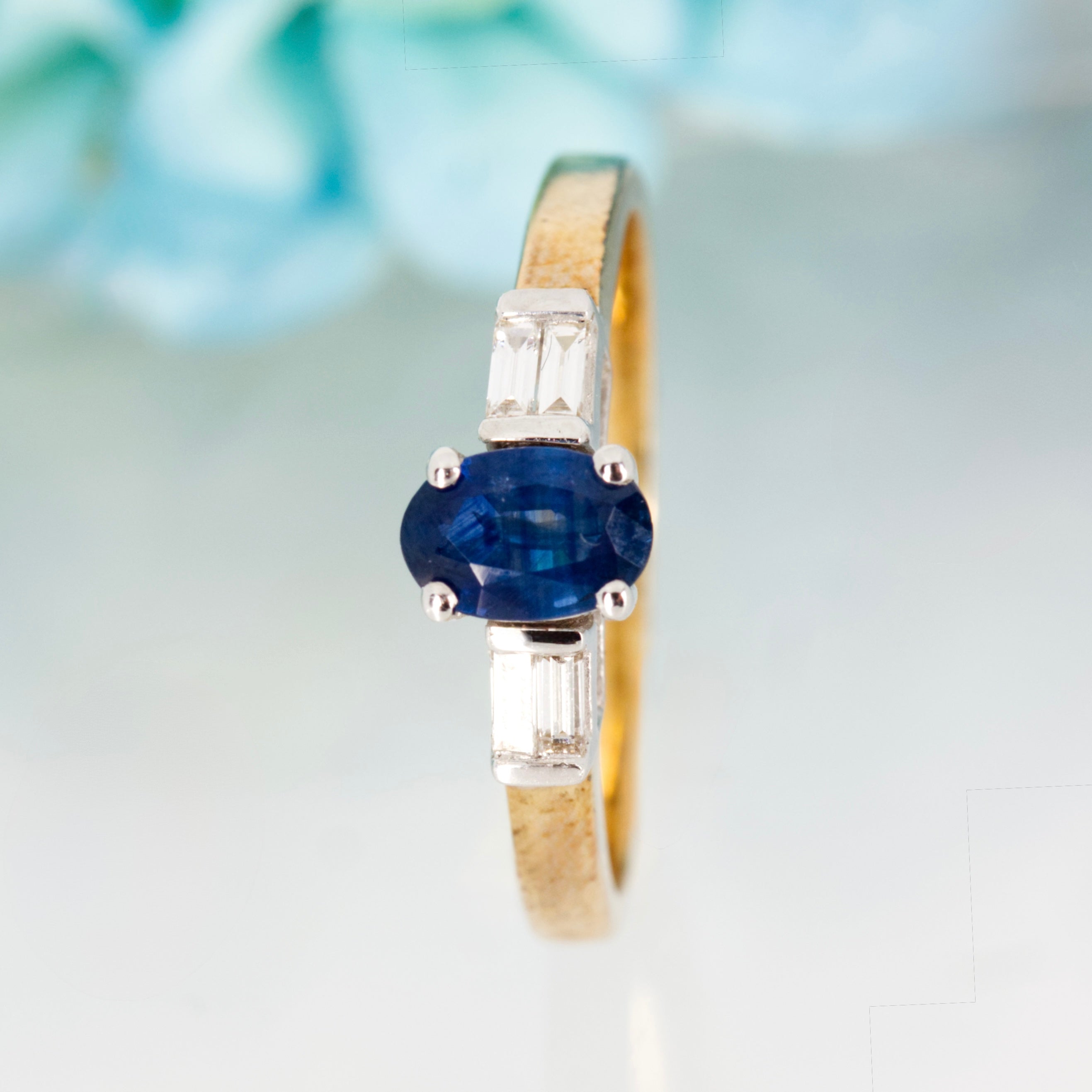 9ct Yellow Gold Oval Cut Sapphire & Baguette Cut Diamond Ring