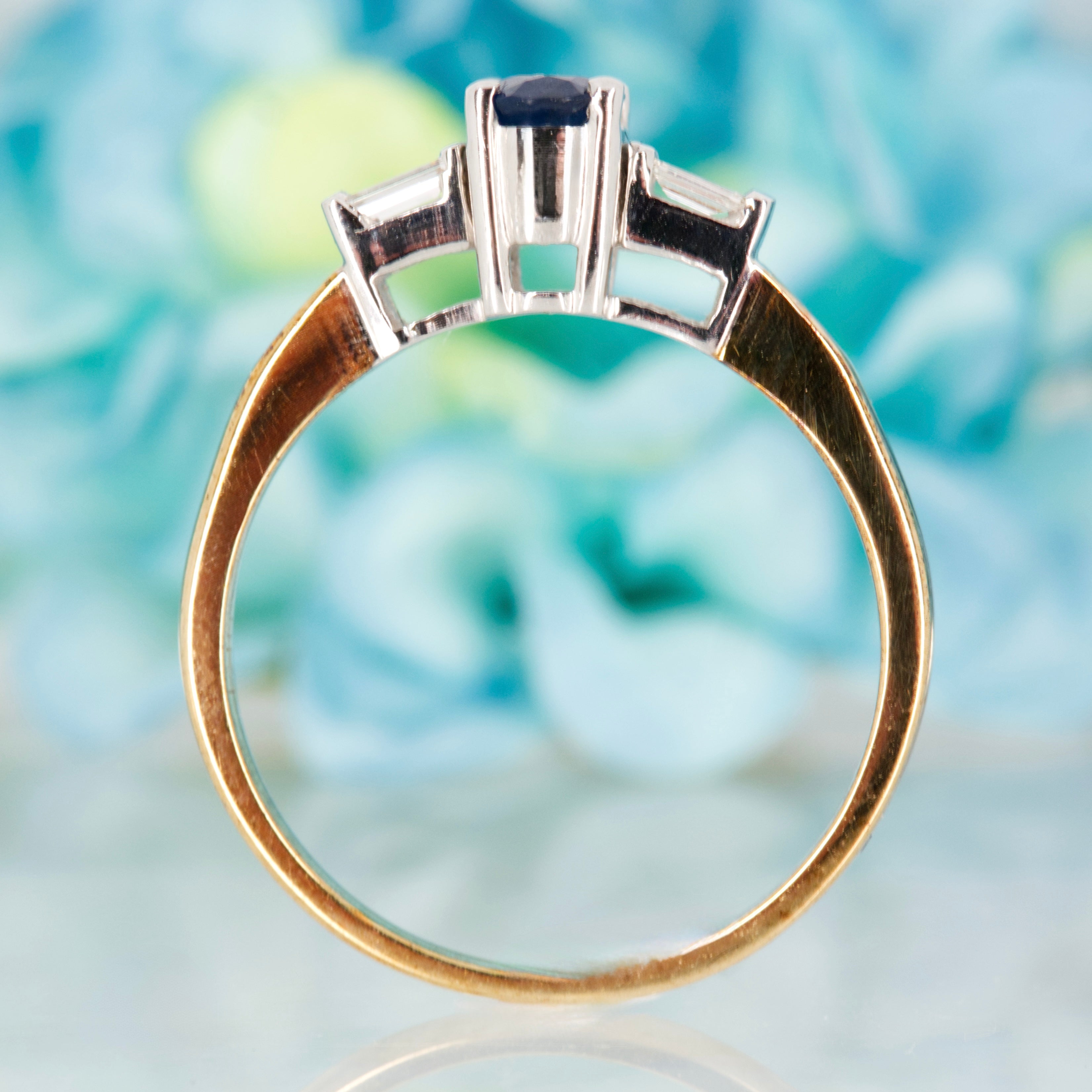 9ct Yellow Gold Oval Cut Sapphire & Baguette Cut Diamond Ring
