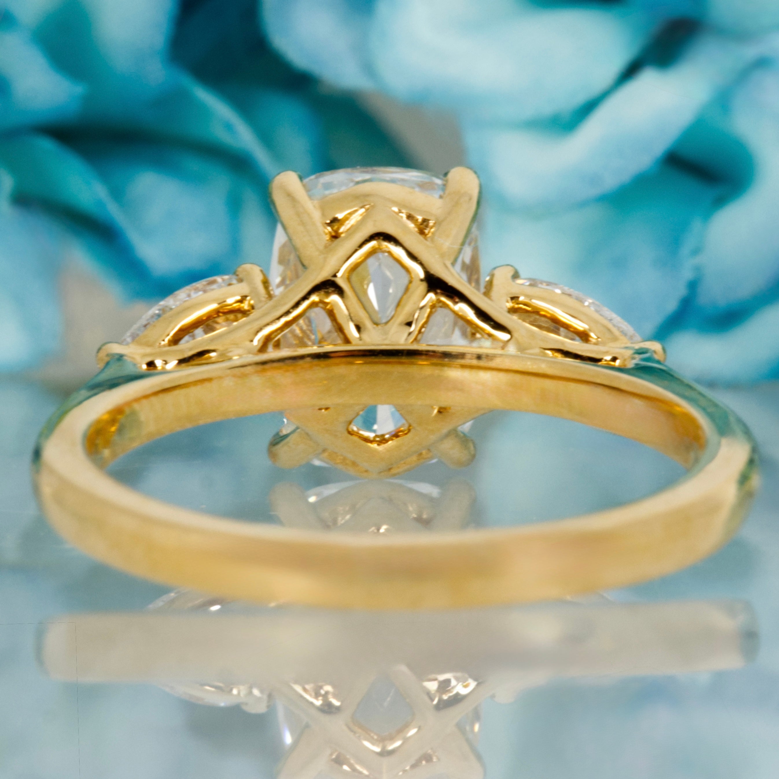 18ct Yellow Gold 2.59ct Cushion & Pear Cut Lab Grown Diamond Trilogy Ring