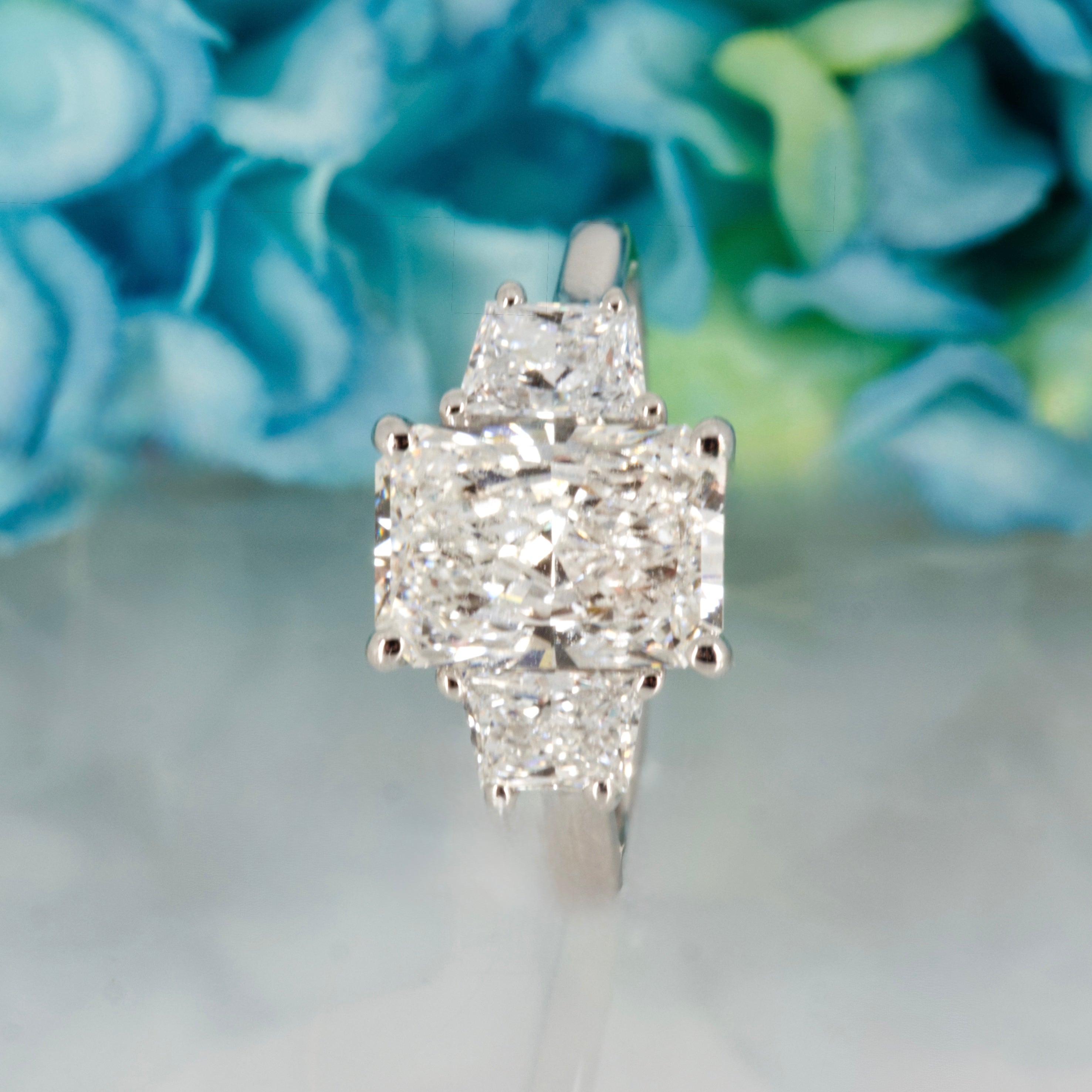 Platinum 3.25ct Radiant & Trapezium Cut Lab Grown Diamond Trilogy Ring