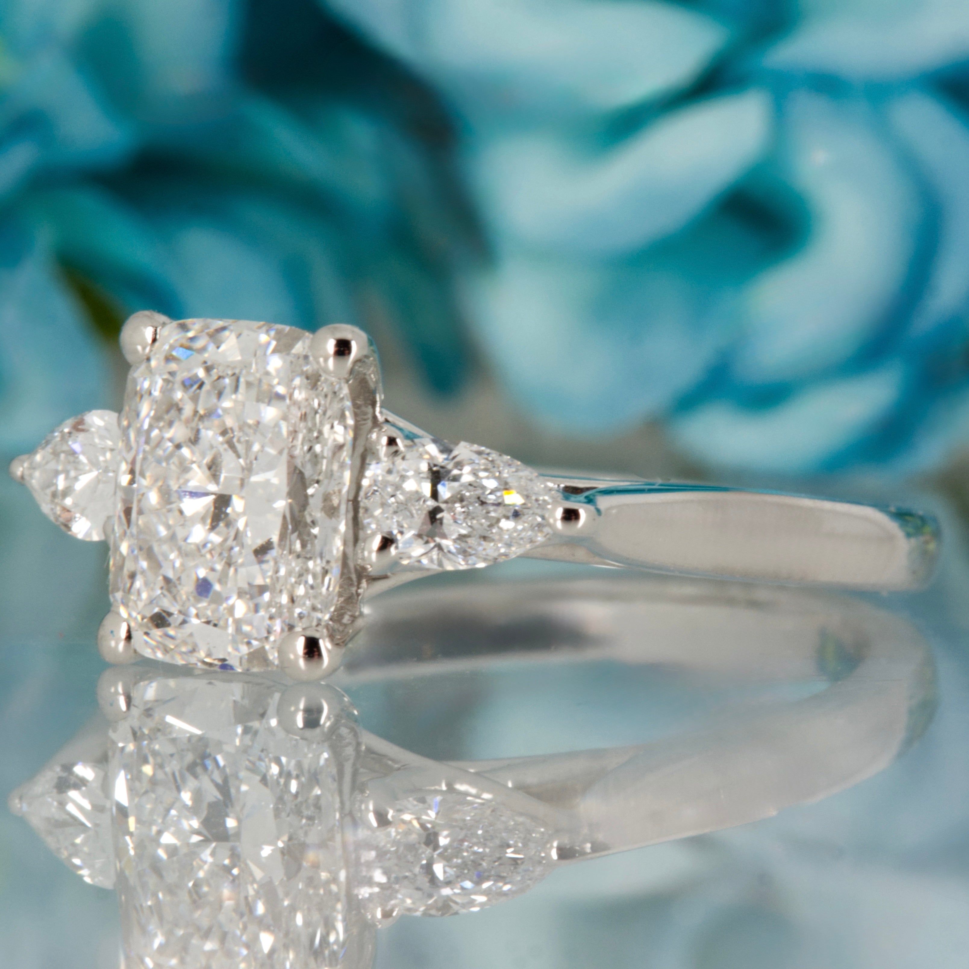 Platinum 1.83ct Cushion & Pear Cut Lab Grown Diamond Trilogy Ring
