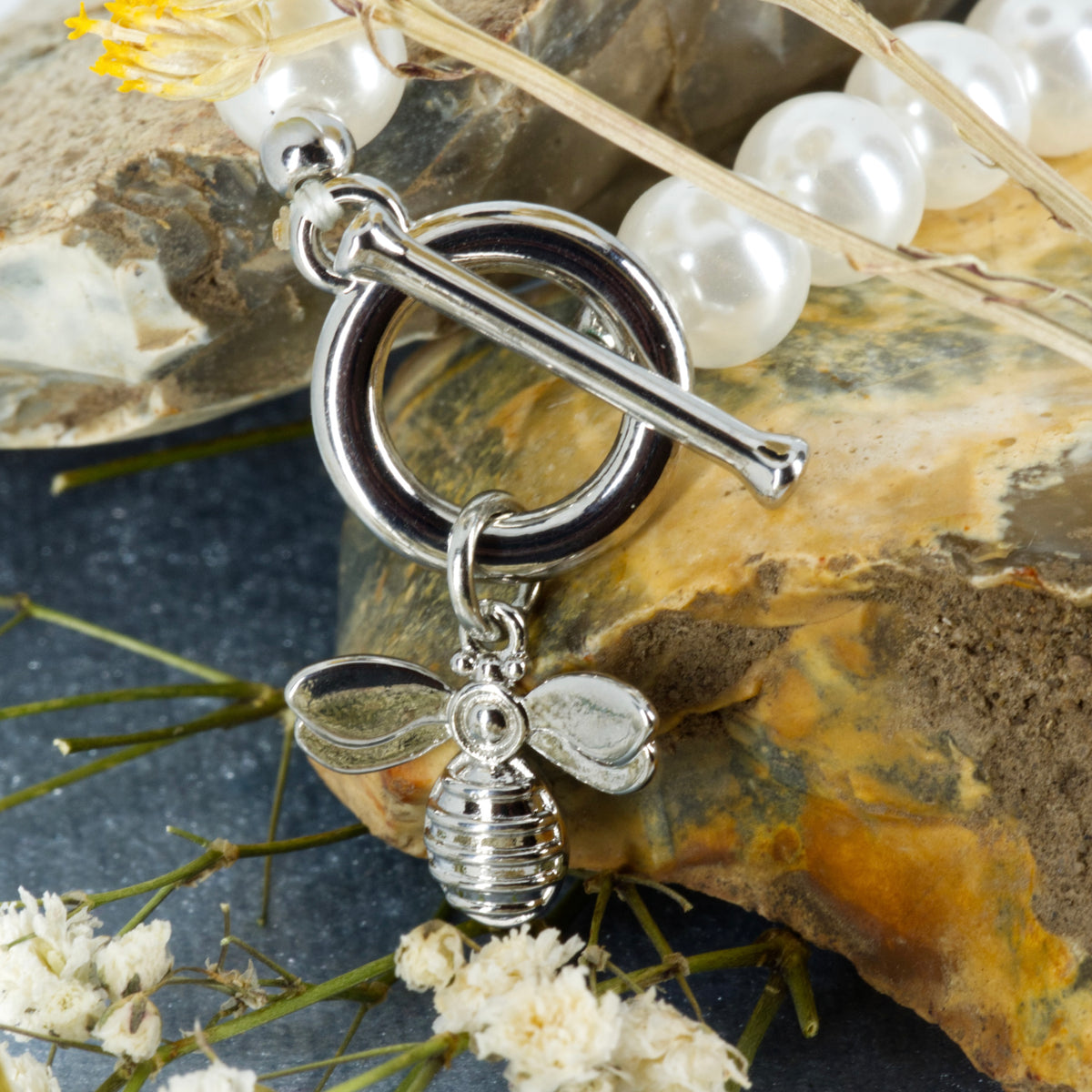 Rhodium Plated Mother-of-Pearl Beaded Bracelet with Bee Charm