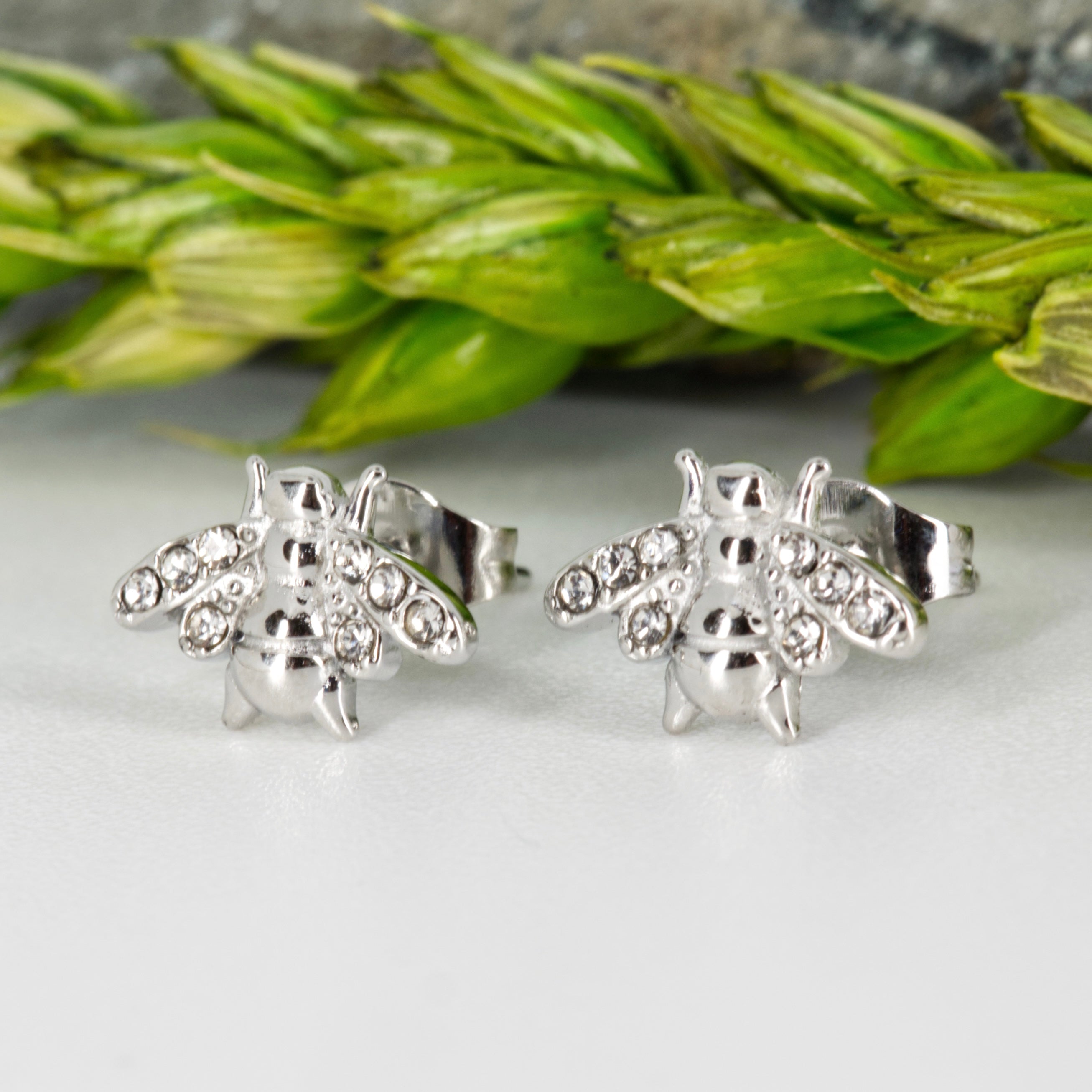 Rhodium Plated Cubic Zirconia Set Bee Stud Earrings