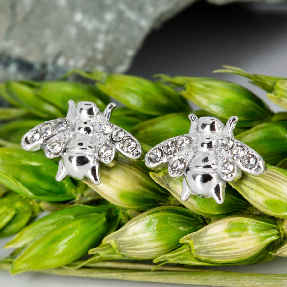 Rhodium Plated Cubic Zirconia Set Bee Stud Earrings