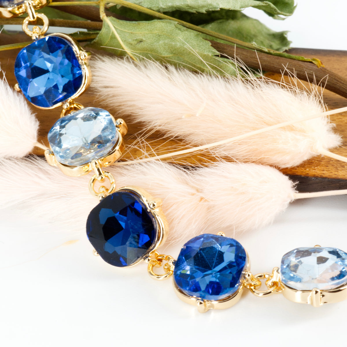 Gold Plated Cushion Cut Blue Cubic Zirconia Set Bracelet