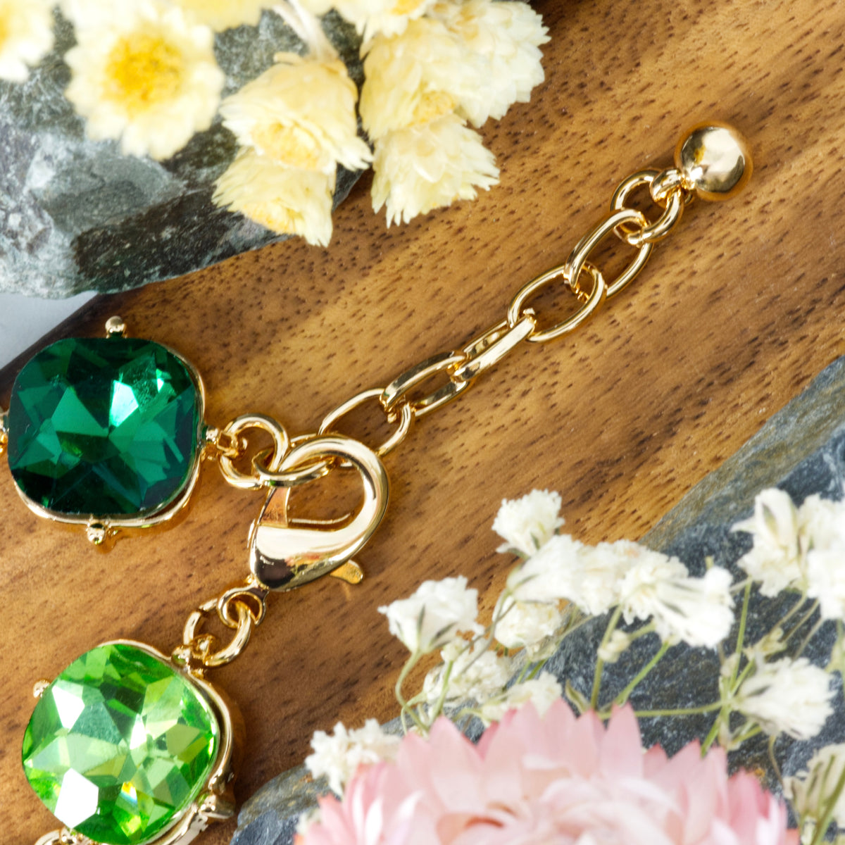 Gold Plated Cushion Shaped Green Cubic Zirconia Set Bracelet