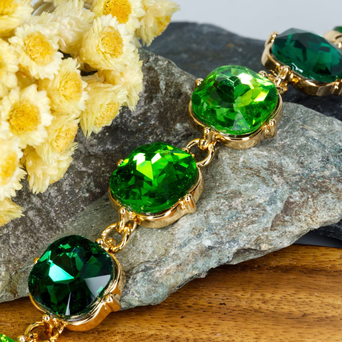 Gold Plated Cushion Shaped Green Cubic Zirconia Set Bracelet