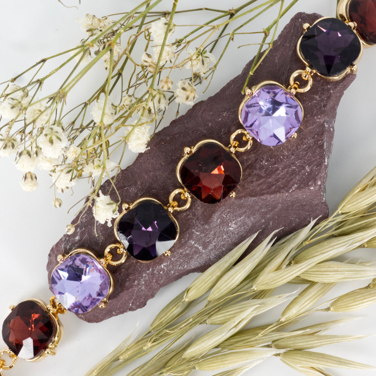 Gold Plated Cushion Shaped Purple & Dark Red Cubic Zirconia Set Bracelet