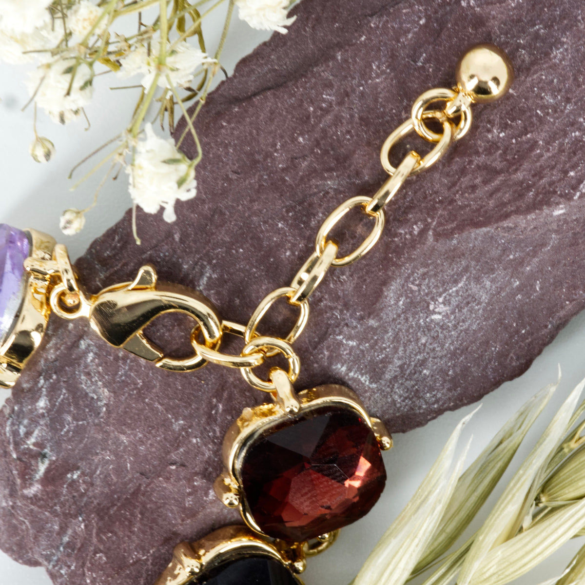 Gold Plated Cushion Shaped Purple & Dark Red Cubic Zirconia Set Bracelet