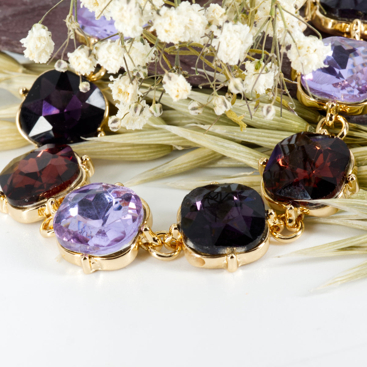 Gold Plated Cushion Shaped Purple & Dark Red Cubic Zirconia Set Bracelet