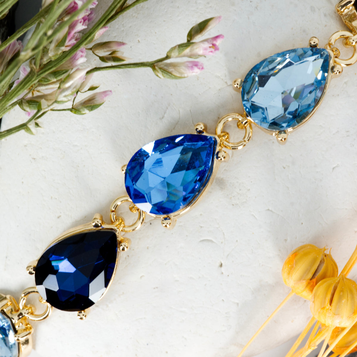 Gold Plated Pear Cut Blue Cubic Zirconia Set Bracelet