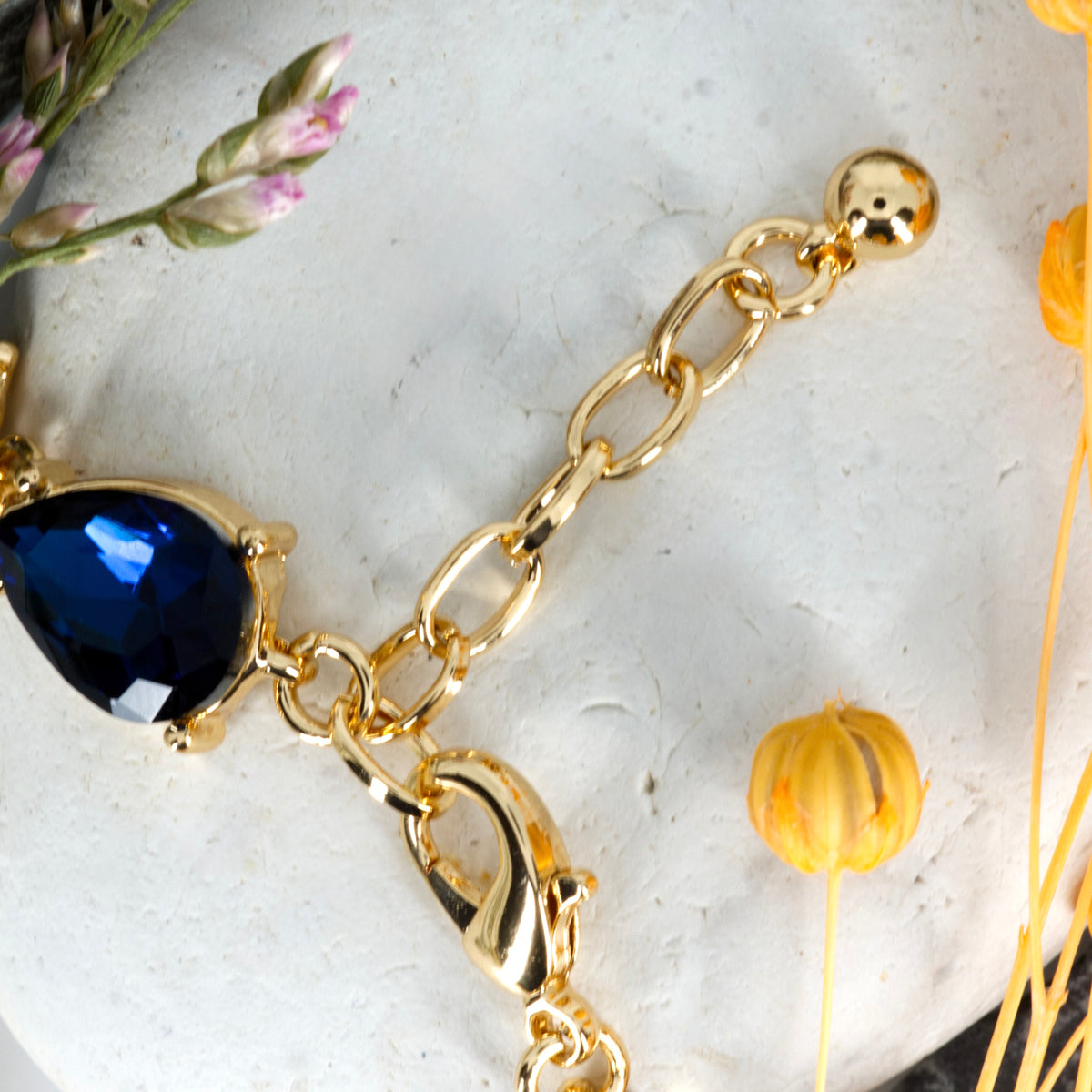 Gold Plated Pear Cut Blue Cubic Zirconia Set Bracelet