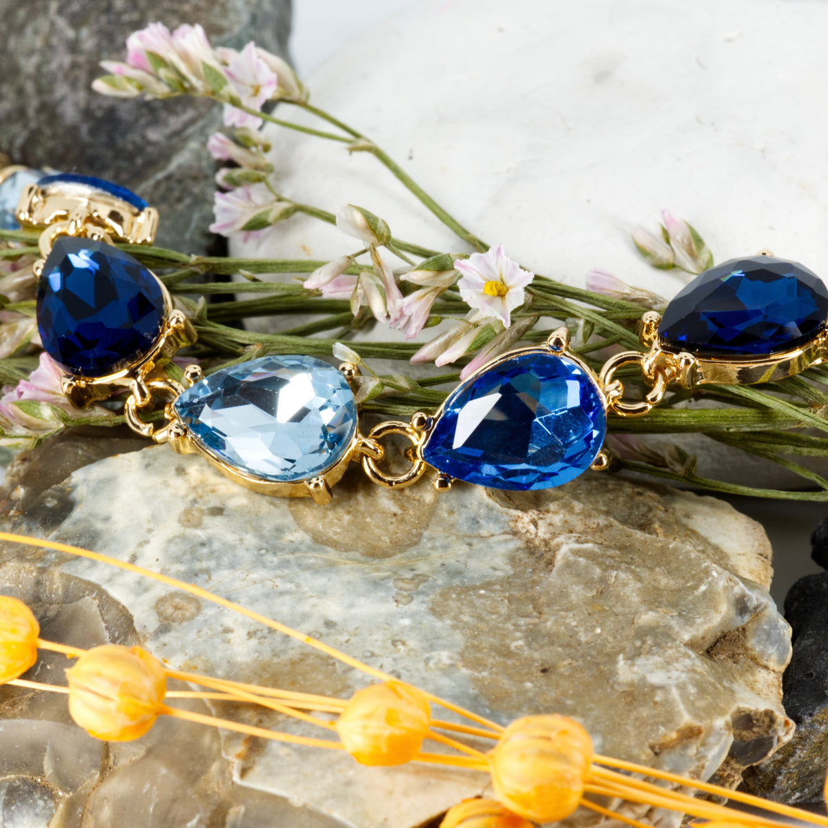 Gold Plated Pear Cut Blue Cubic Zirconia Set Bracelet