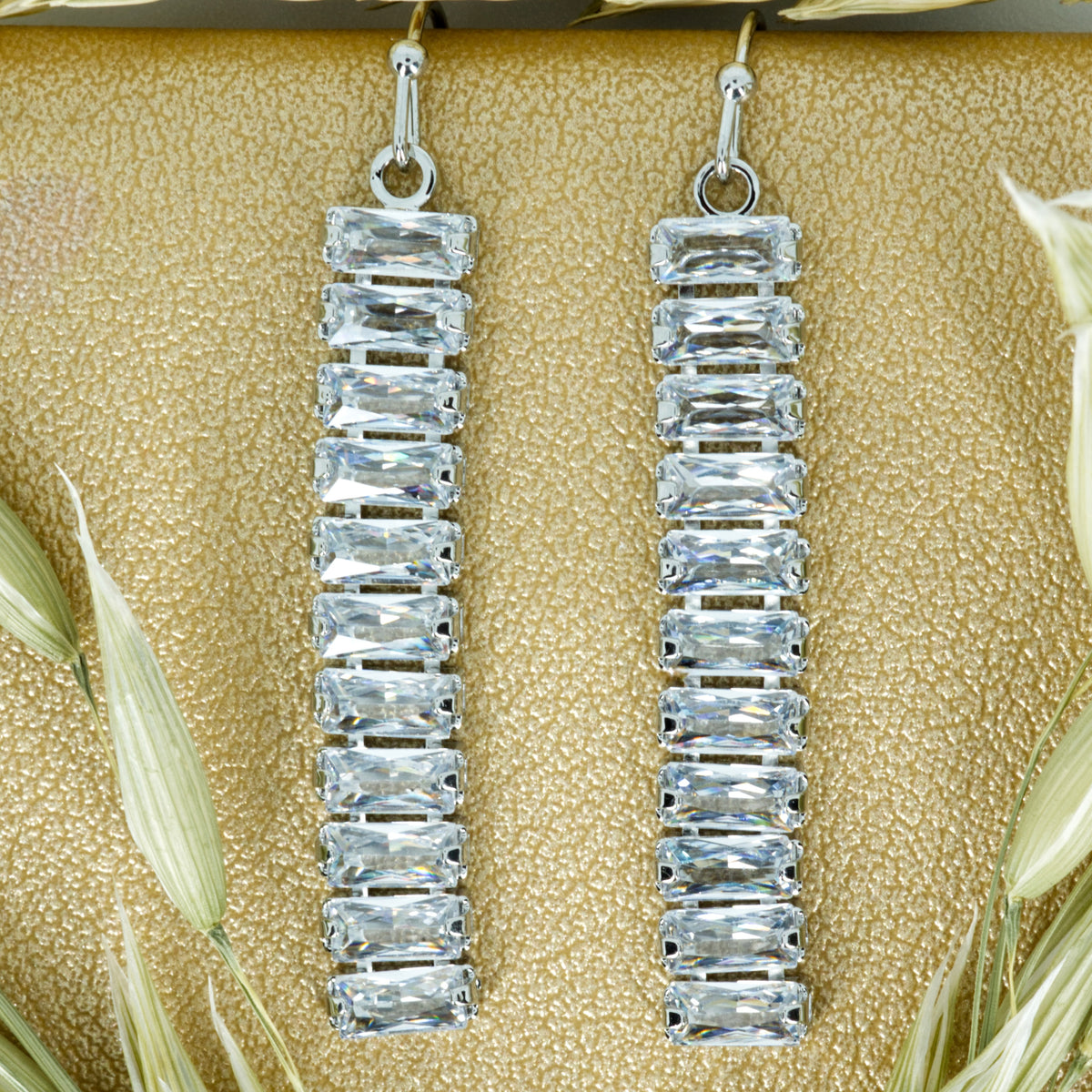 Rhodium Plated Baguette Cut Cubic Zirconia Drop Earrings