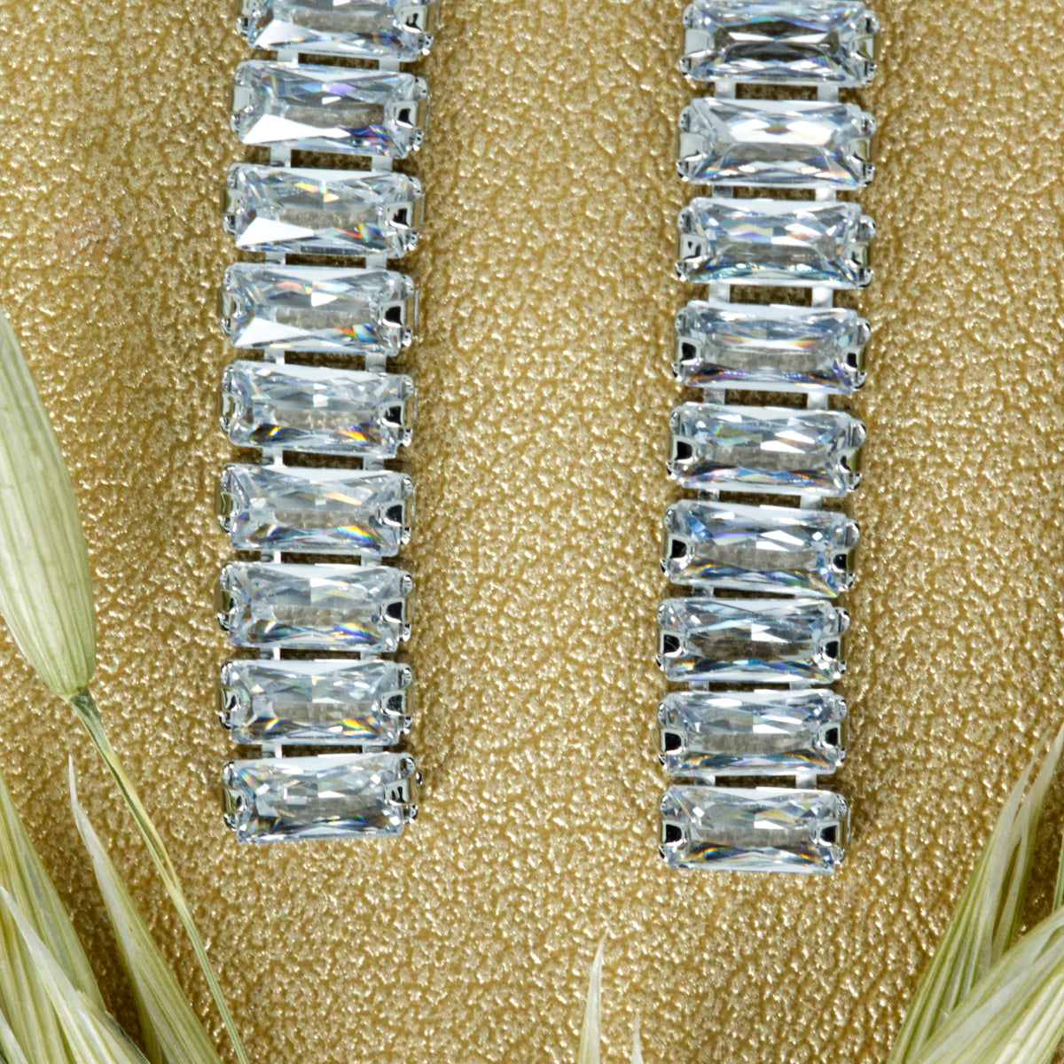 Rhodium Plated Baguette Cut Cubic Zirconia Drop Earrings