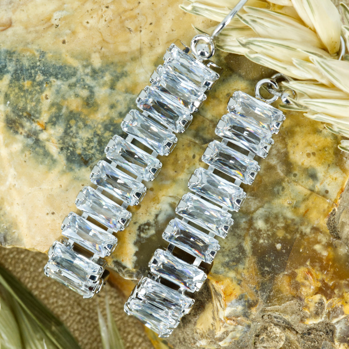Rhodium Plated Baguette Cut Cubic Zirconia Drop Earrings