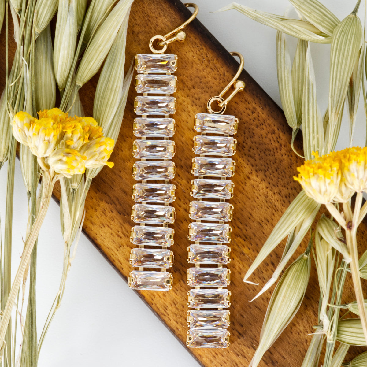 Gold Plated Baguette Cut Cubic Zirconia Drop Earrings