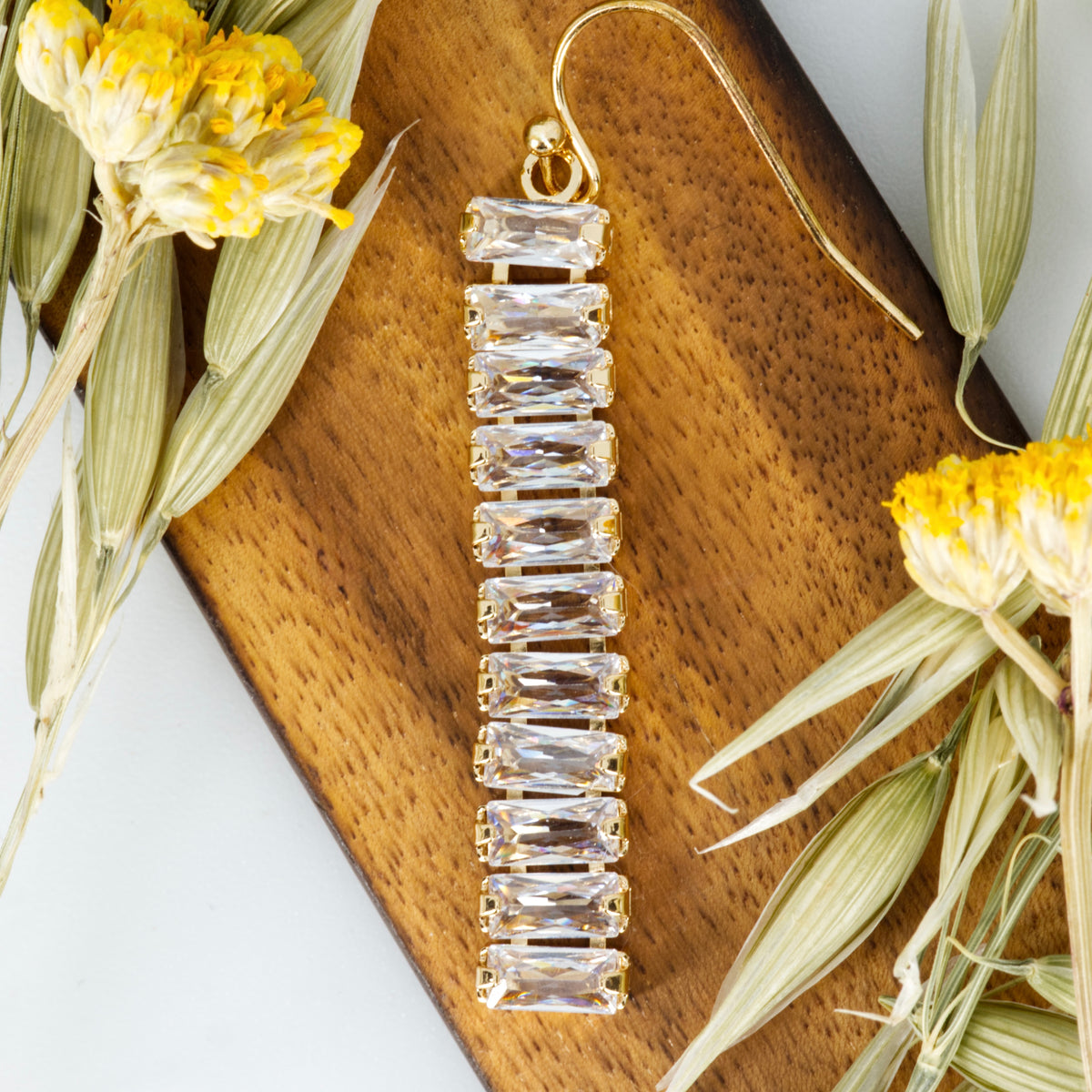 Gold Plated Baguette Cut Cubic Zirconia Drop Earrings