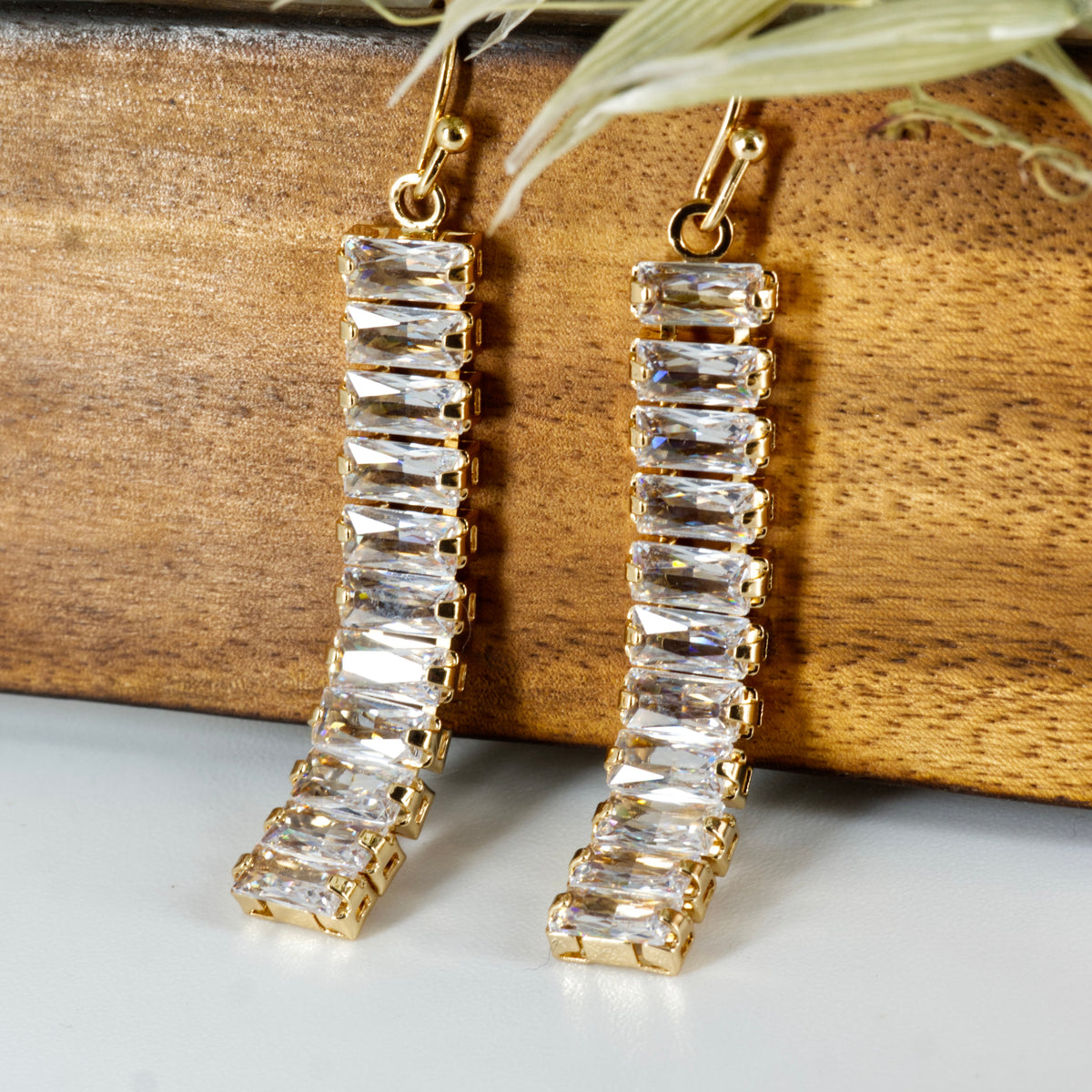 Gold Plated Baguette Cut Cubic Zirconia Drop Earrings