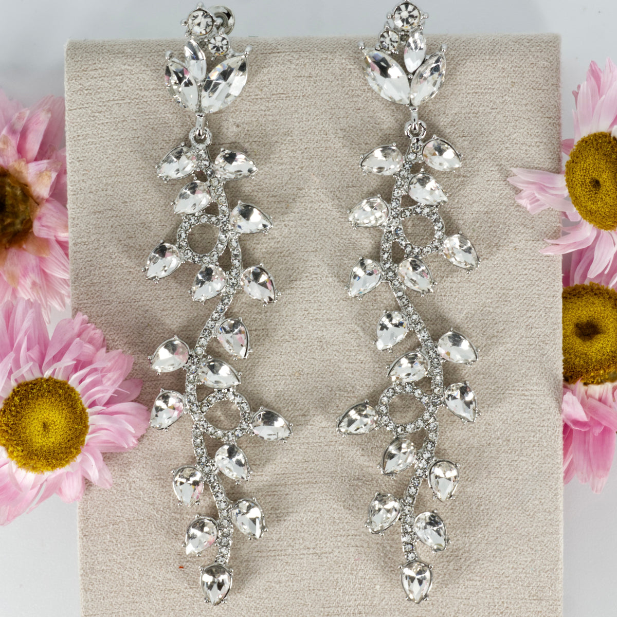 Rhodium Plated Cubic Zirconia Set Vine Drop Earrings