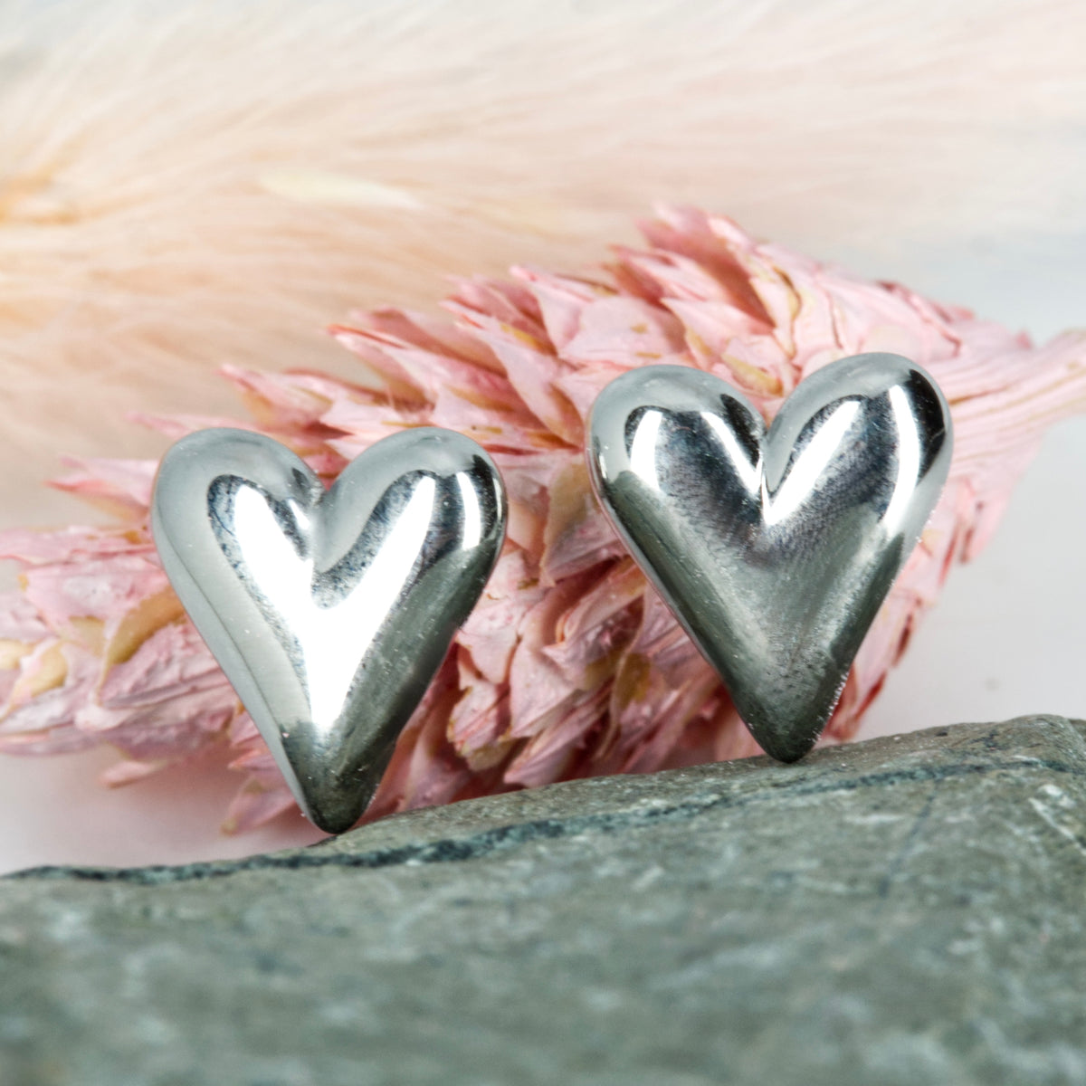 Rhodium Plated Heart Stud Earrings