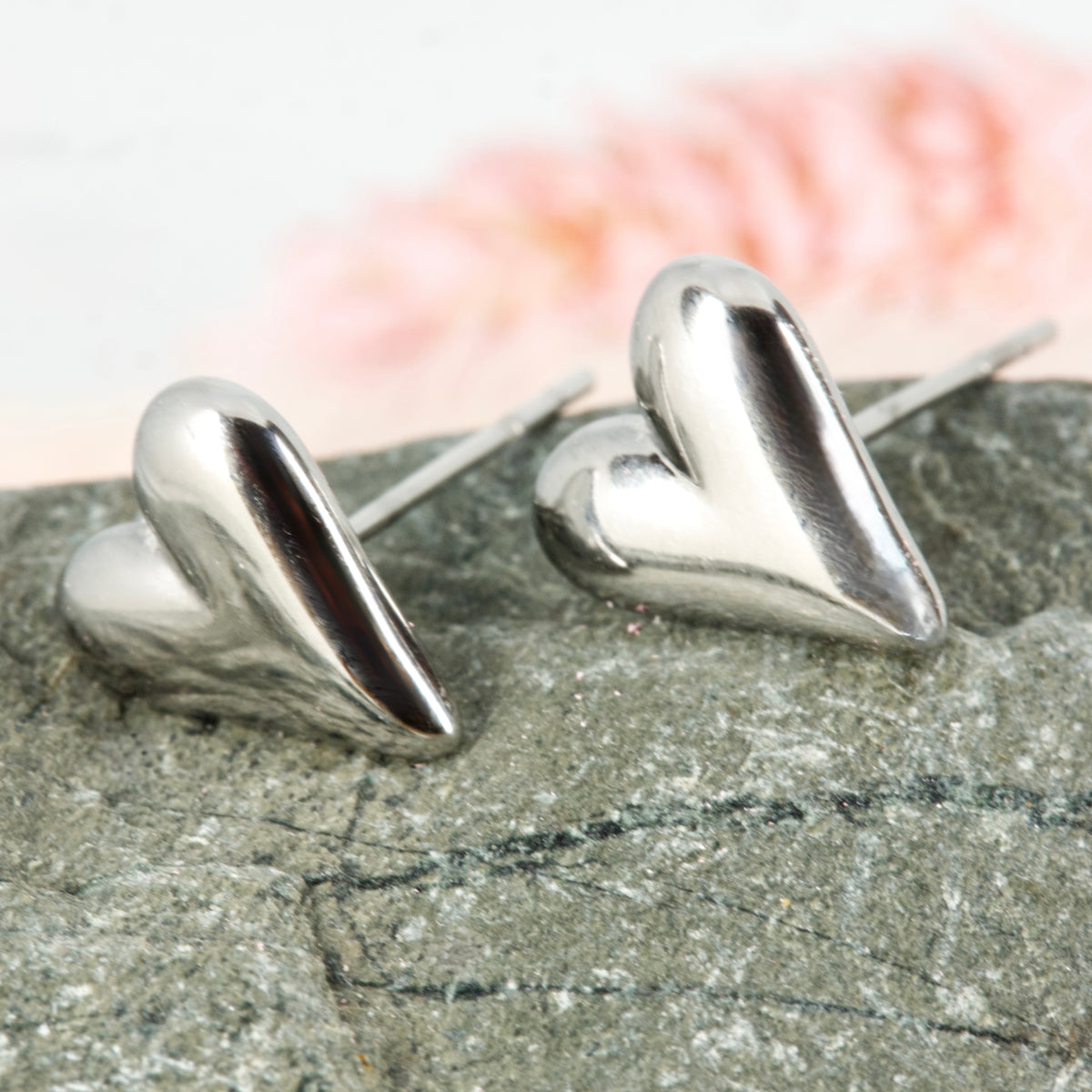 Rhodium Plated Heart Stud Earrings