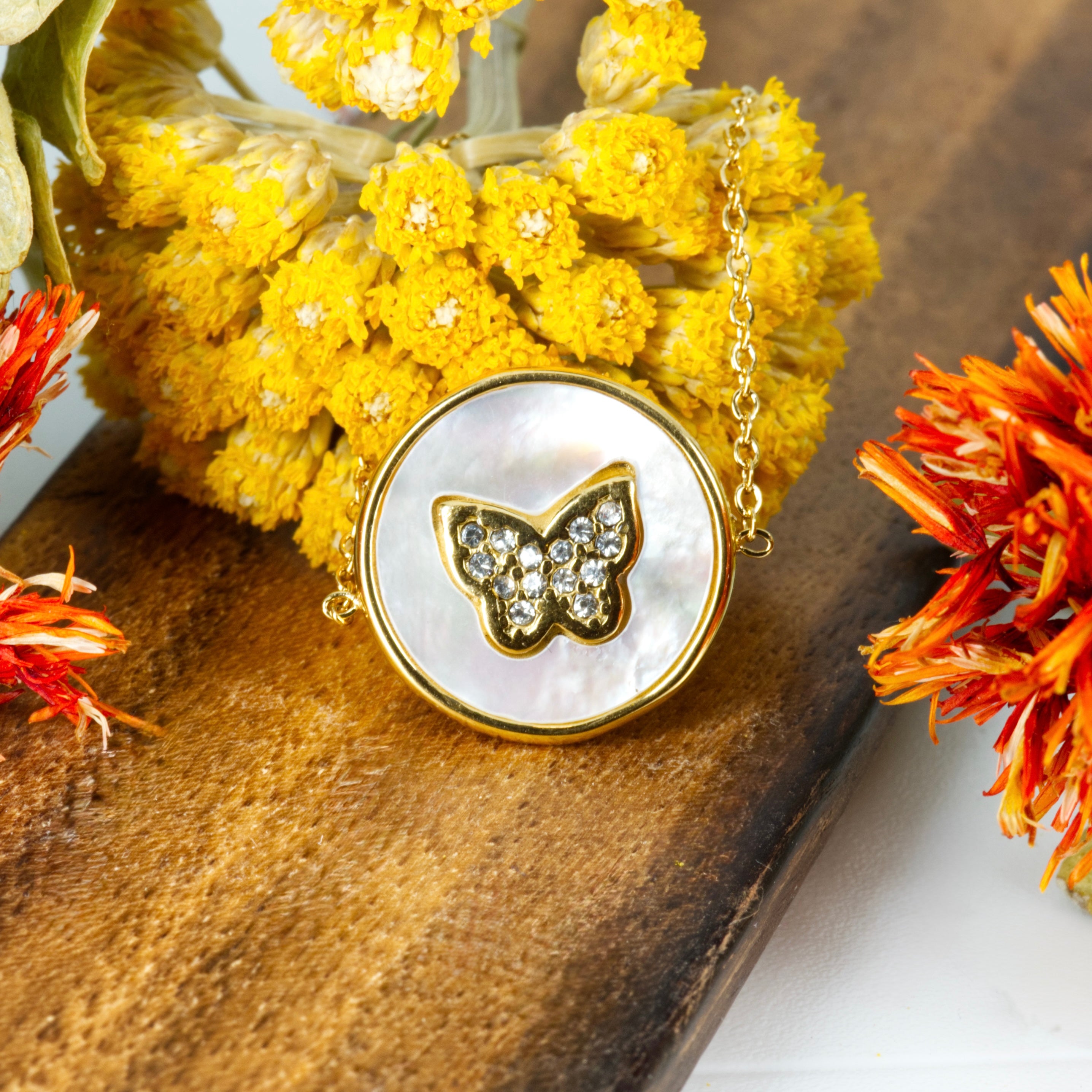 Gold Plated Mother-Of-Pearl & Cubic Zirconia Set Butterfly Bracelet