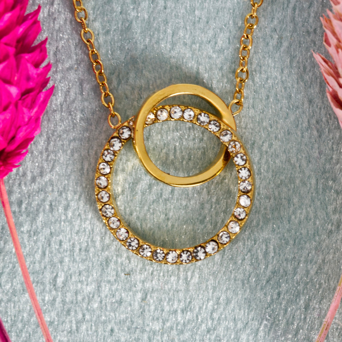 Gold Plated Cubic Zirconia Set Interlocking Circles Necklace