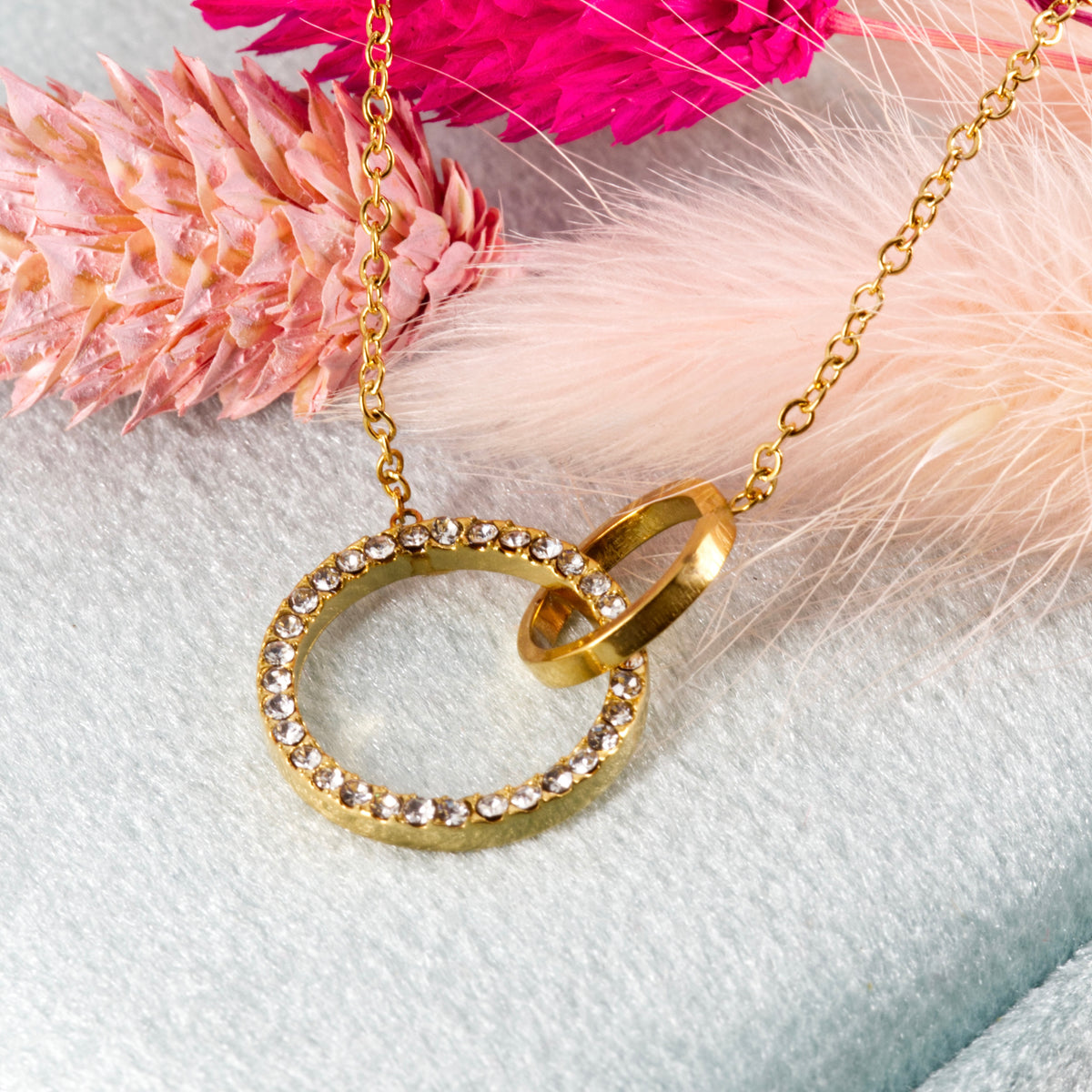 Gold Plated Cubic Zirconia Set Interlocking Circles Necklace