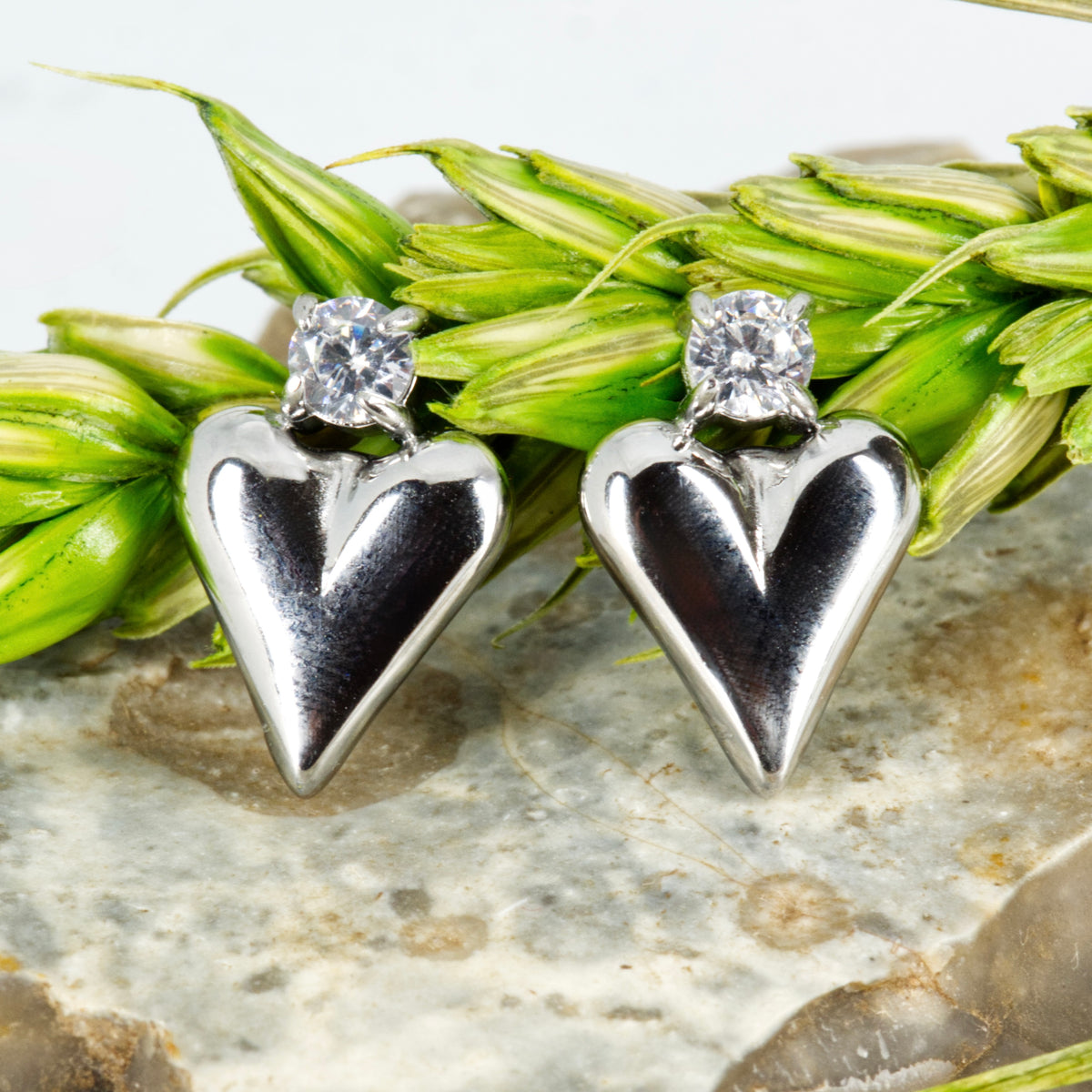 Rhodium Plated Heart & Cubic Zirconia Set Drop Earrings